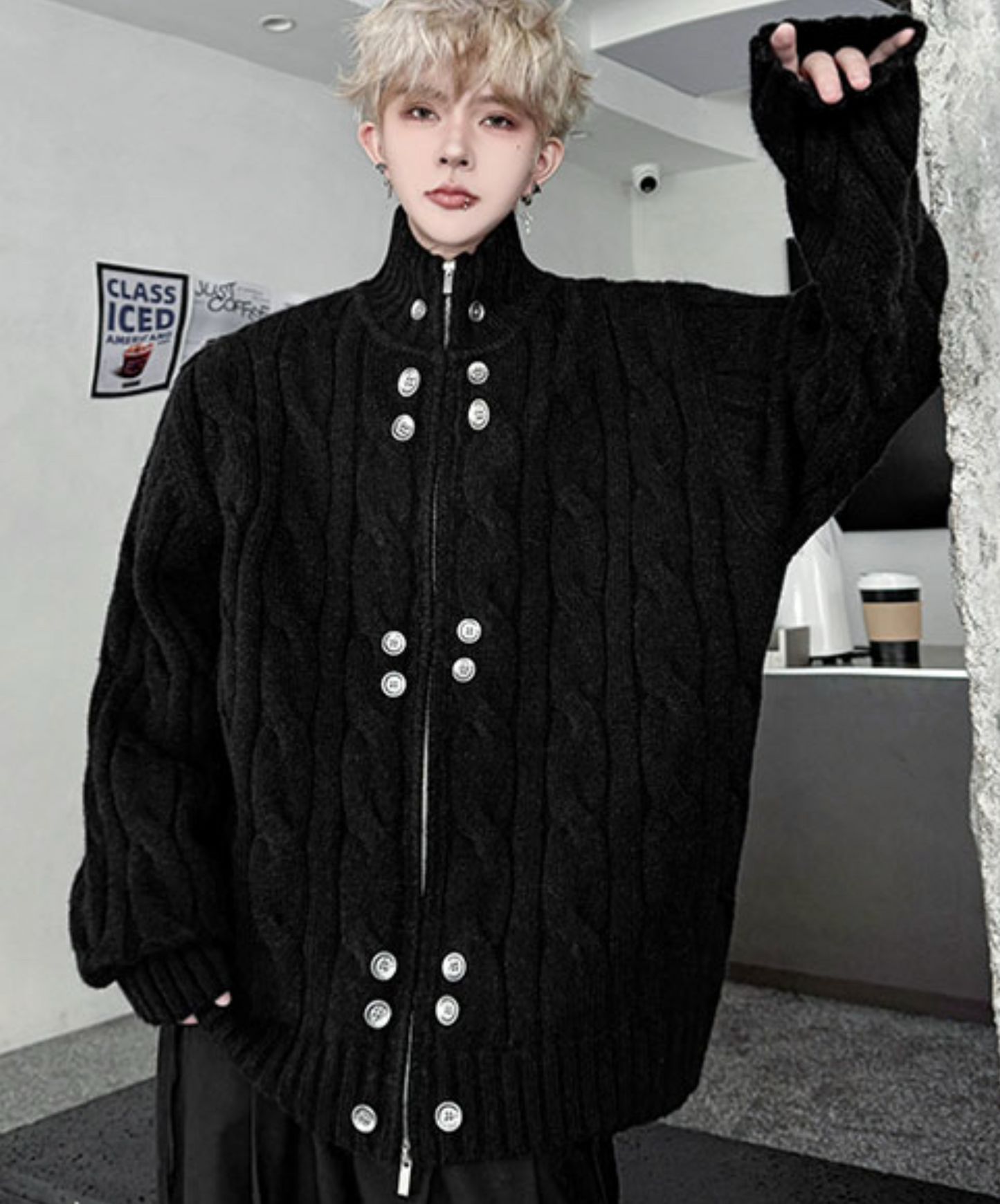 button design stand collar loose sweater EN2475