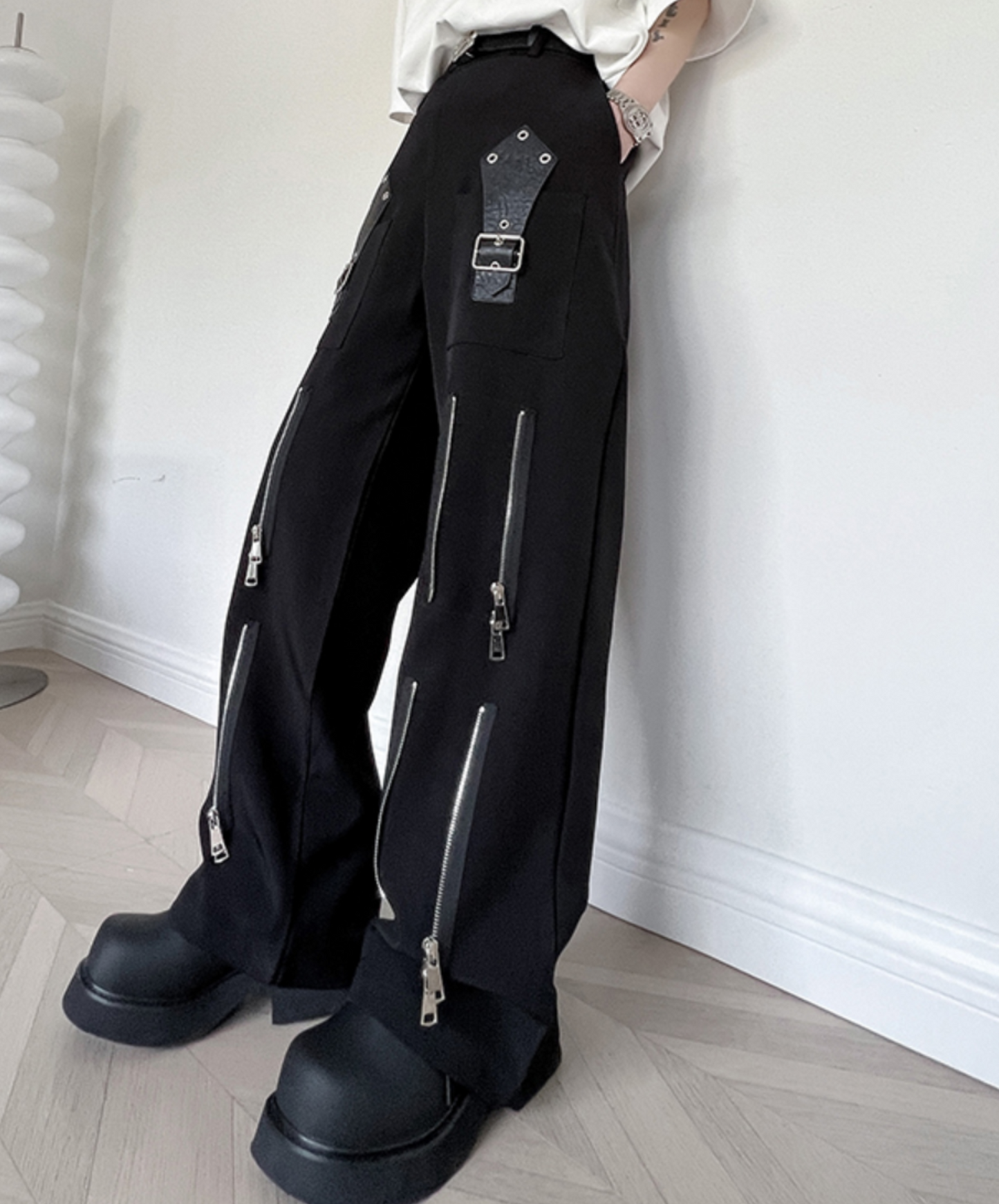 dark deformed zip-up leather buckle flare pants EN1817