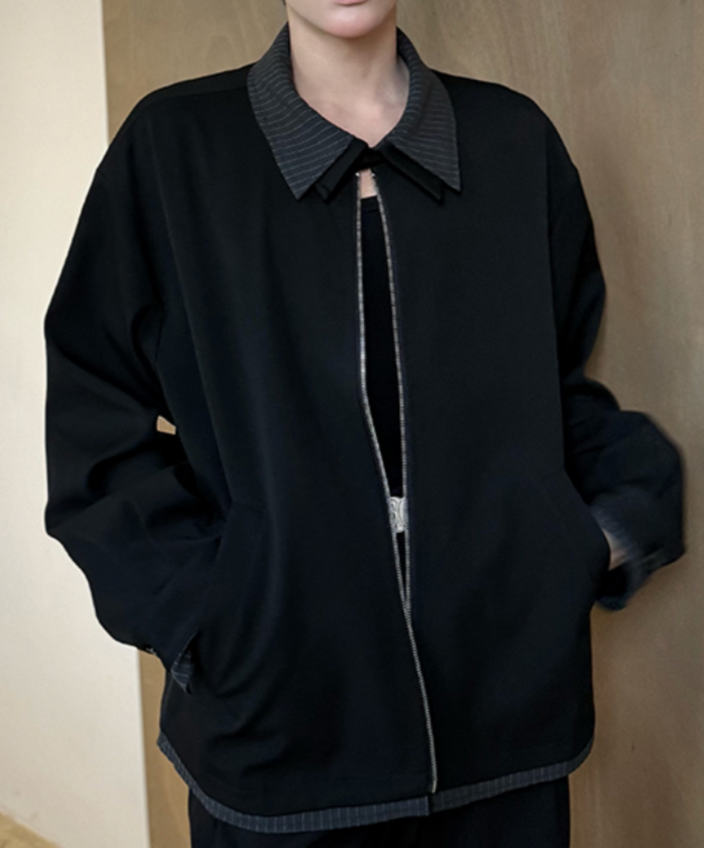 stitched contrast double collar jacket EN2015