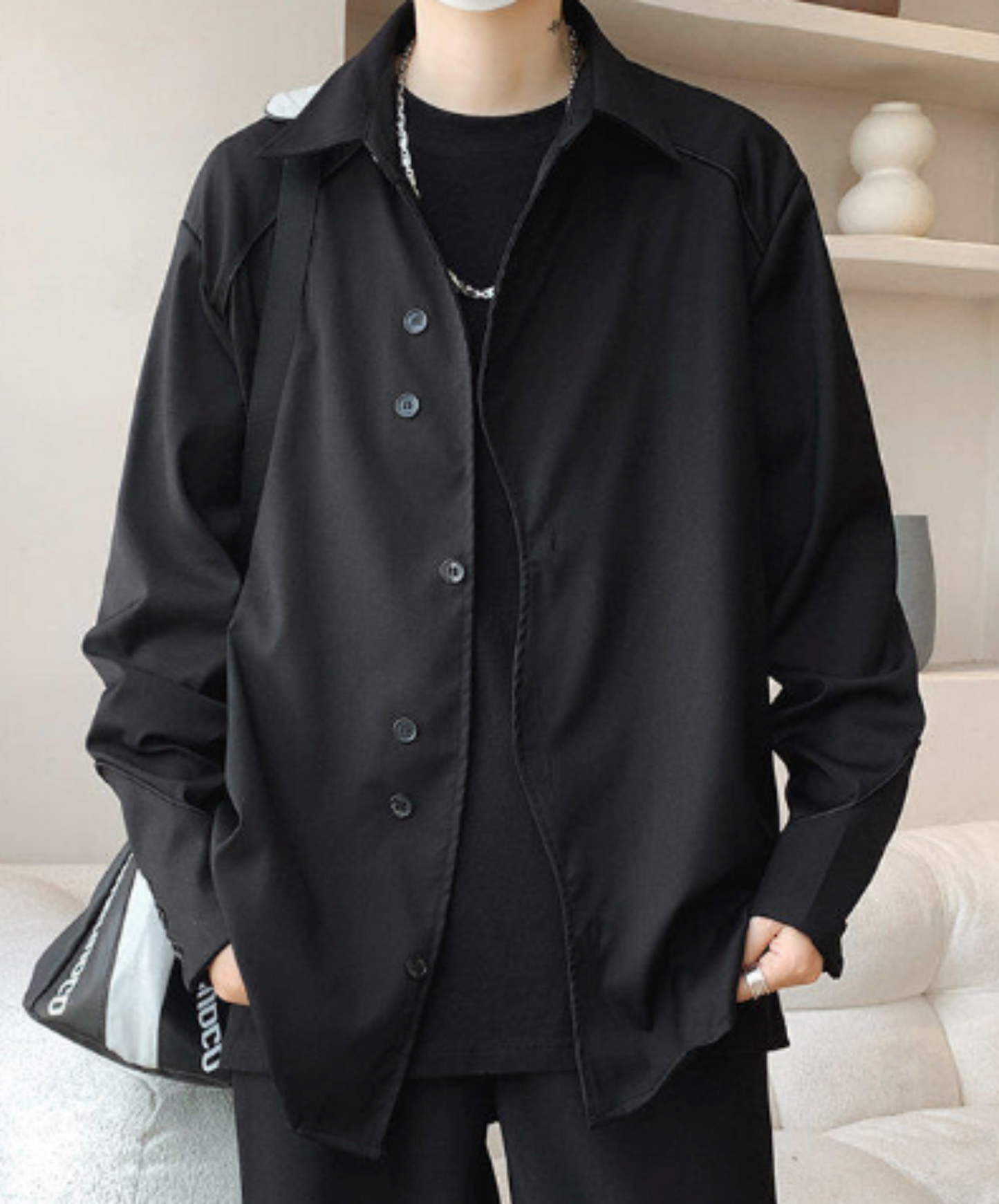 wave-shaped placket special button arrangement shirt EN1983