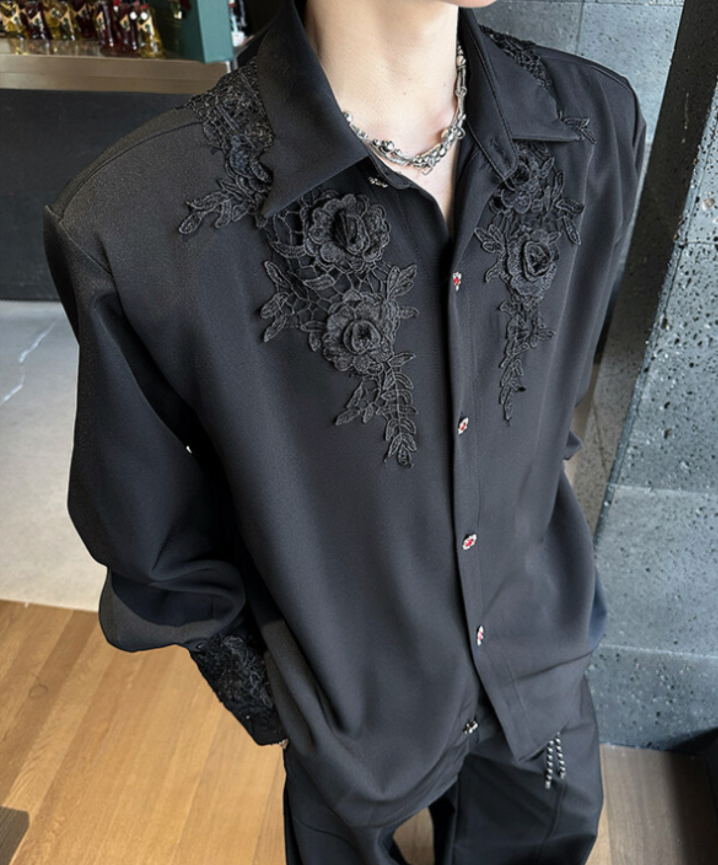 dark gorgeous 3d rose embroidery shirt EN2366
