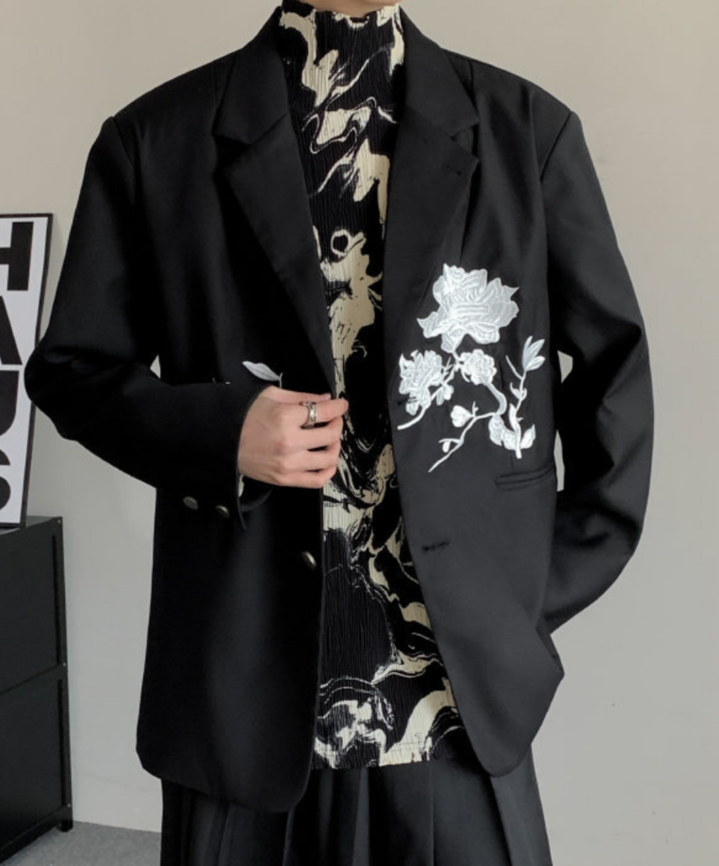 dark chinese style rose embroidery tailored jacket EN1535