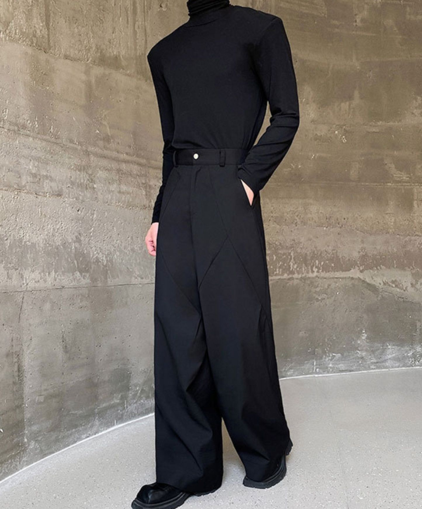 pleated stitch design straight wide pants EN1402