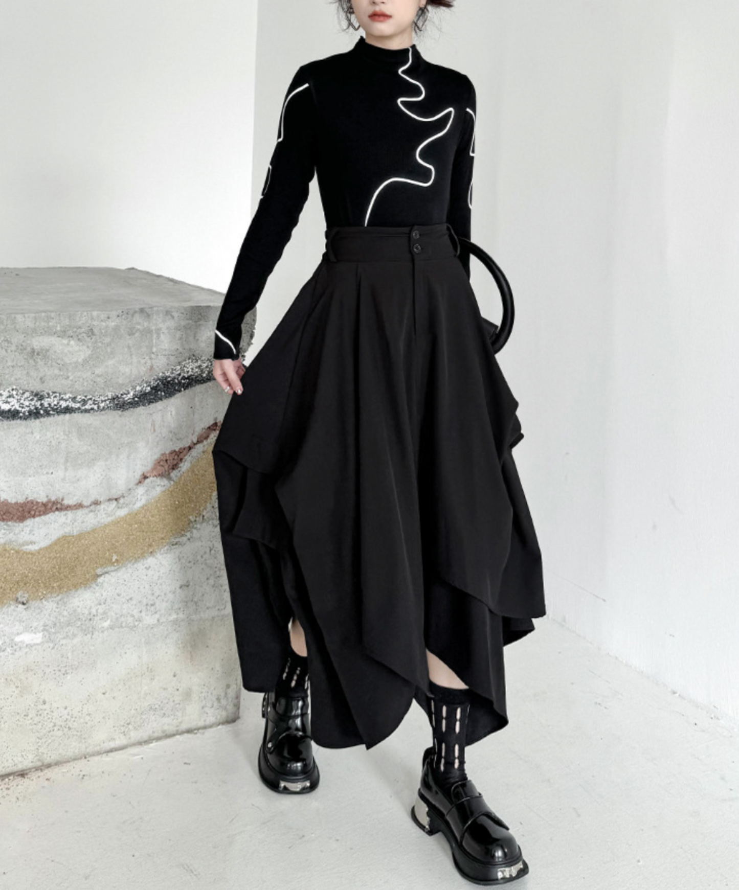 dark asymmetric drape buttons skirt EN2330