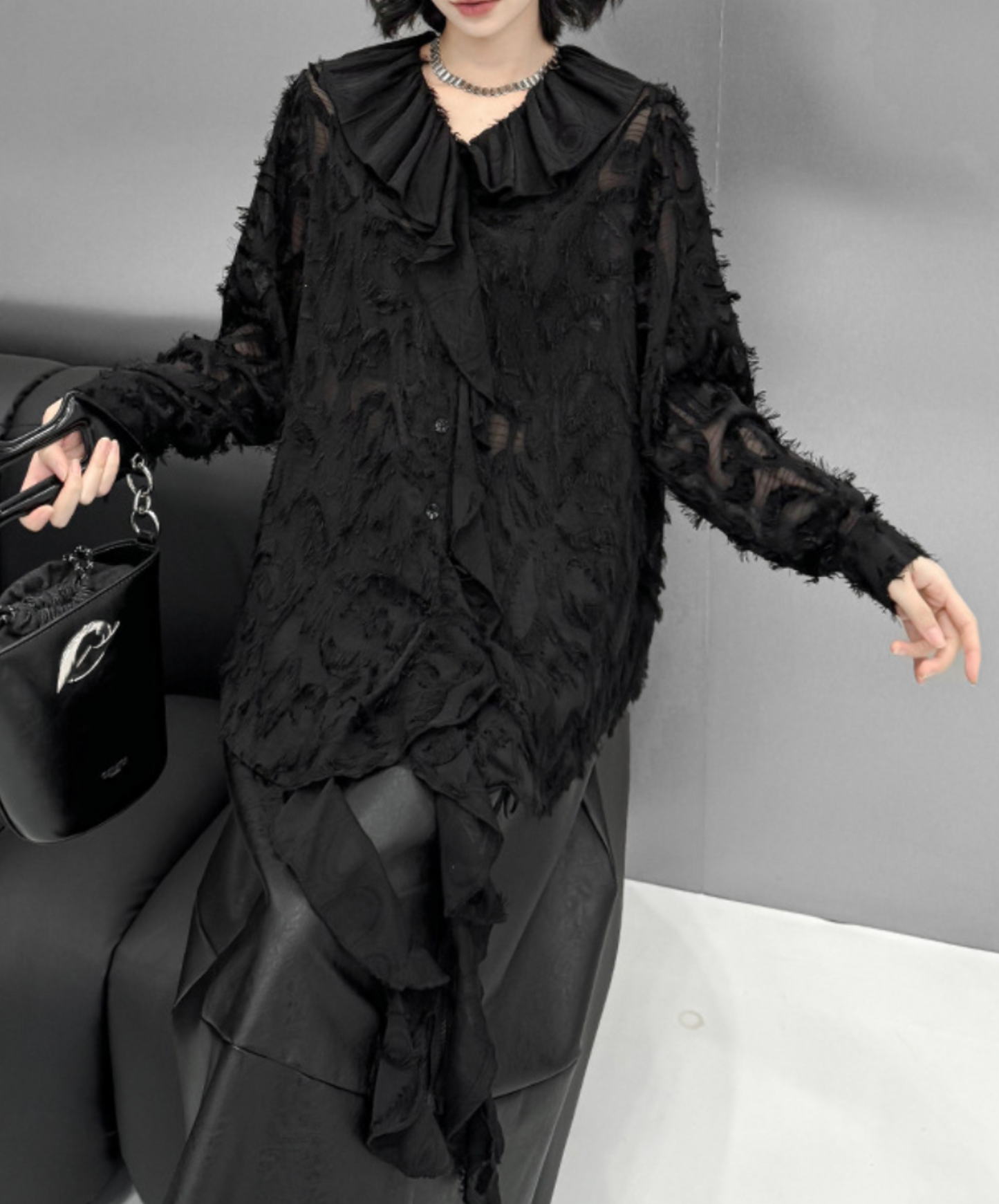 dark fringe lace & frills sheer shirt EN2318