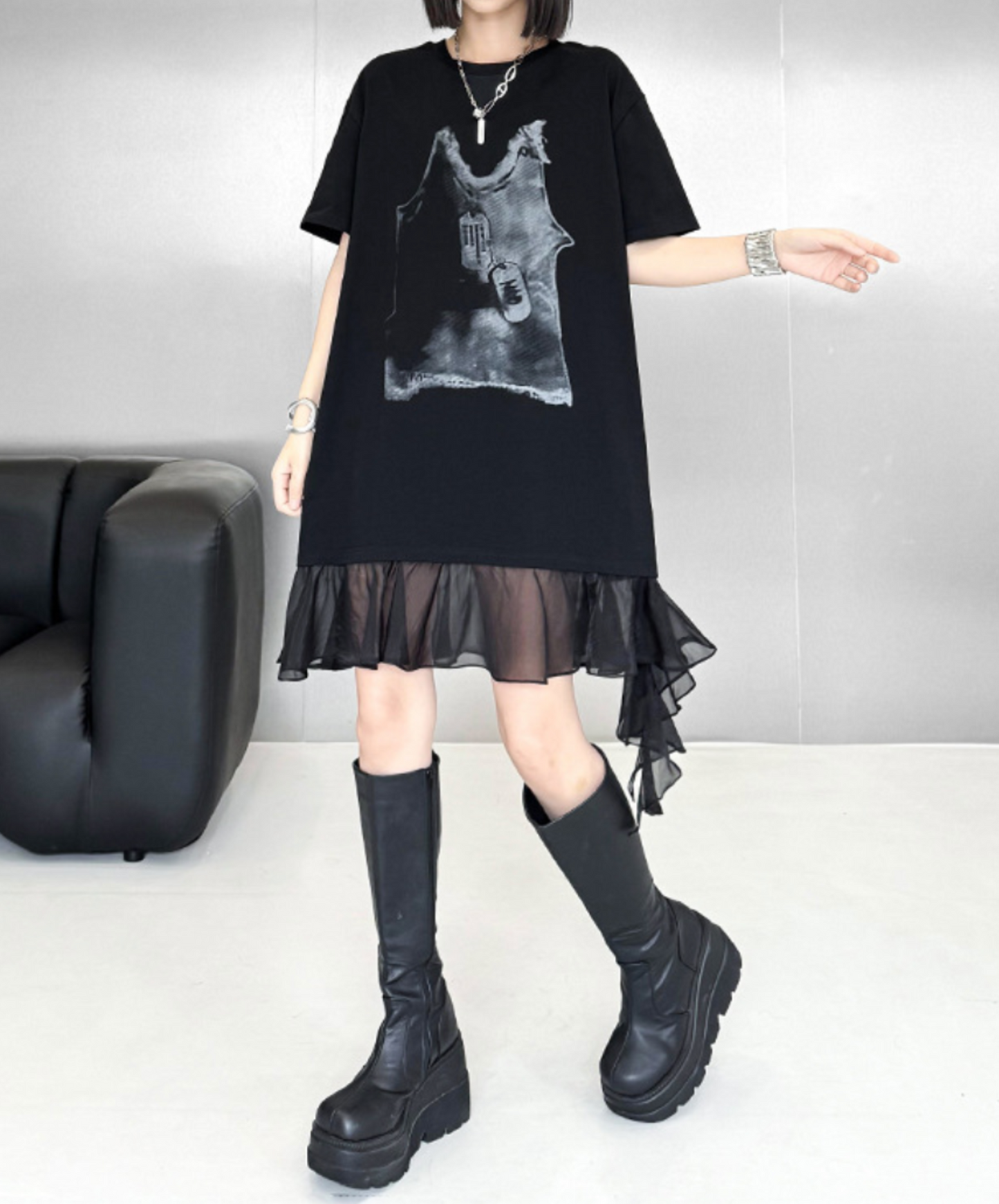 tulle ribbon print at hem t-shirt EN2307