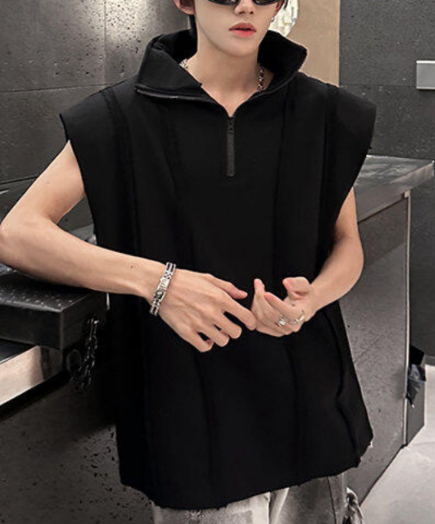 retro stripe half zip stand collar sleeveless shirt EN2193