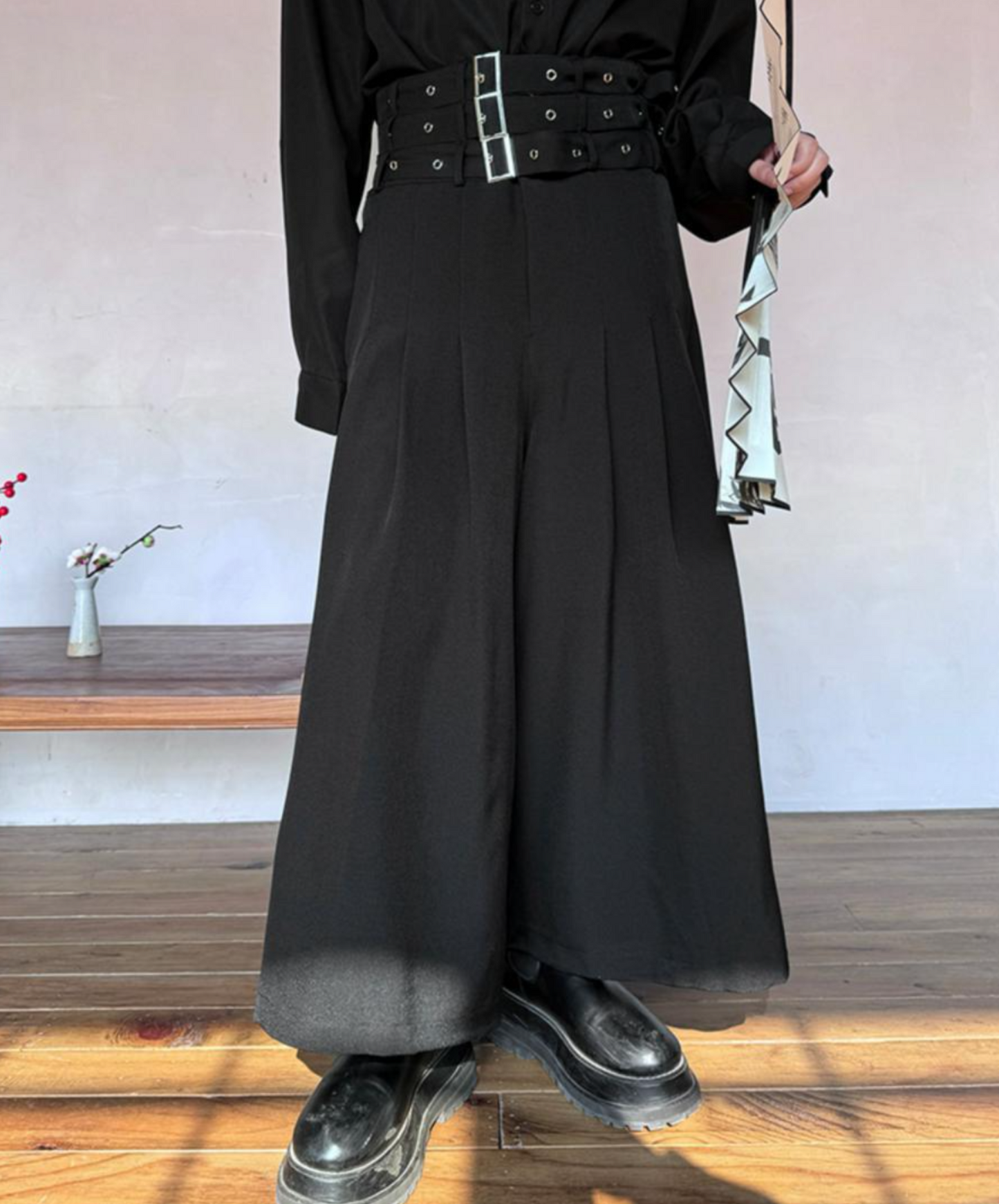 wide leg with three-stage belt long pants EN1526