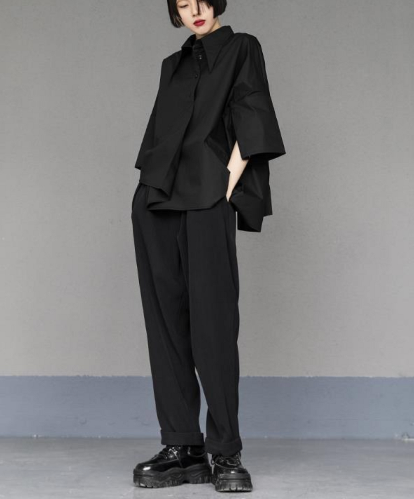 dark asymmetric tuck drape shirt EN2141