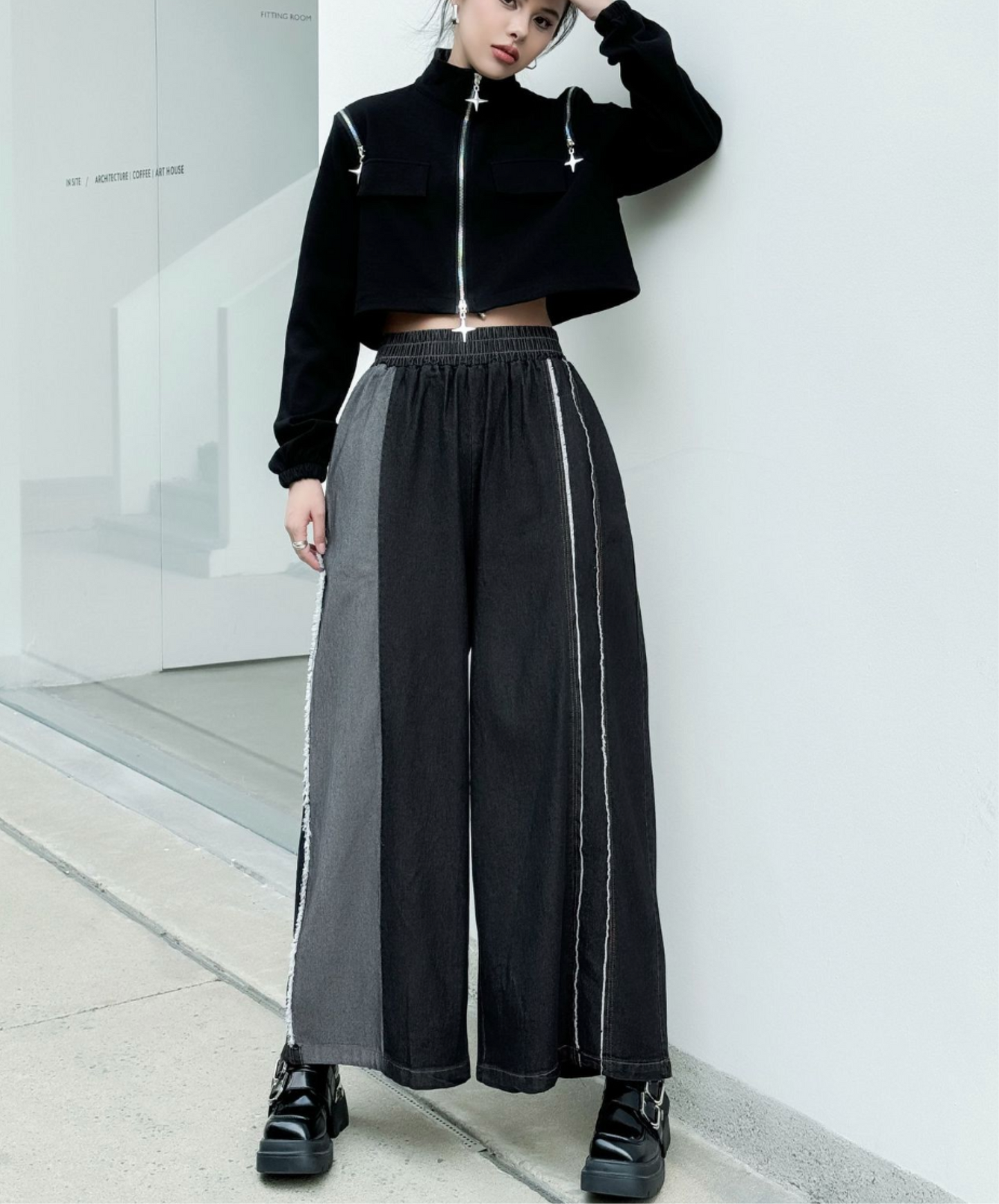 double white & fringe line wide pants EN2305