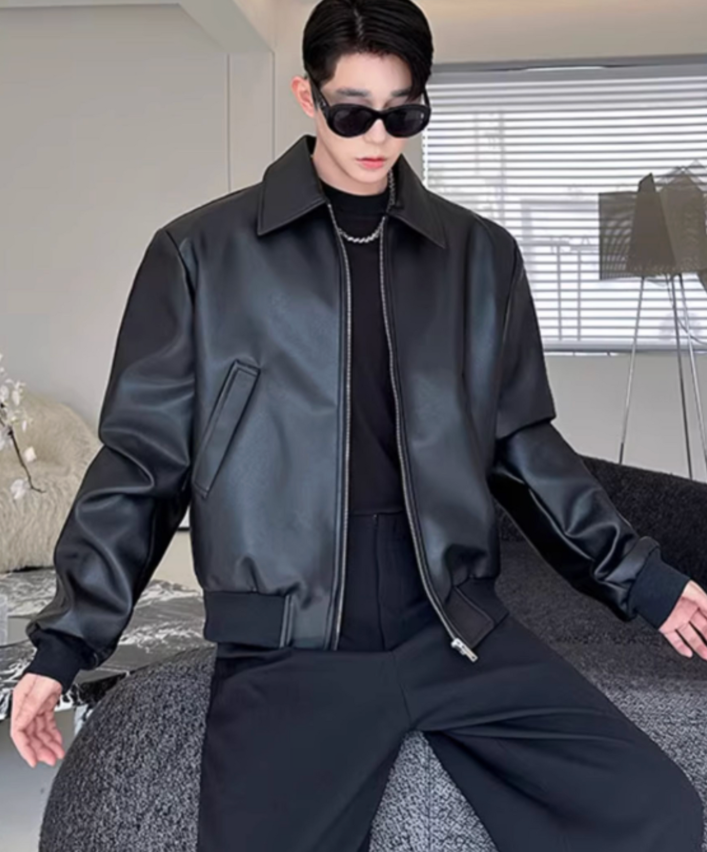 pu leather rib jacket EN2462