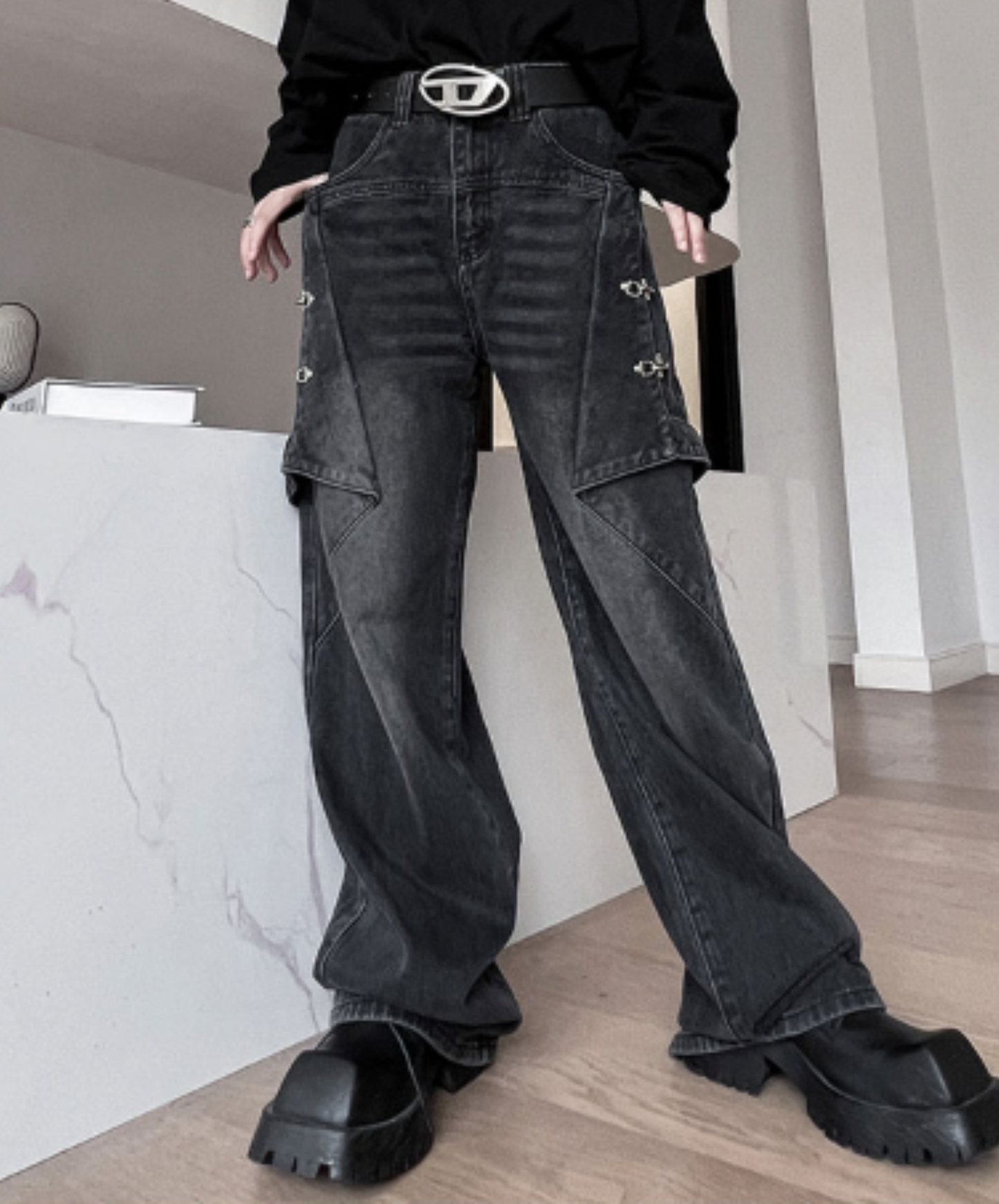 american retro distressed wash denim pants EN2118