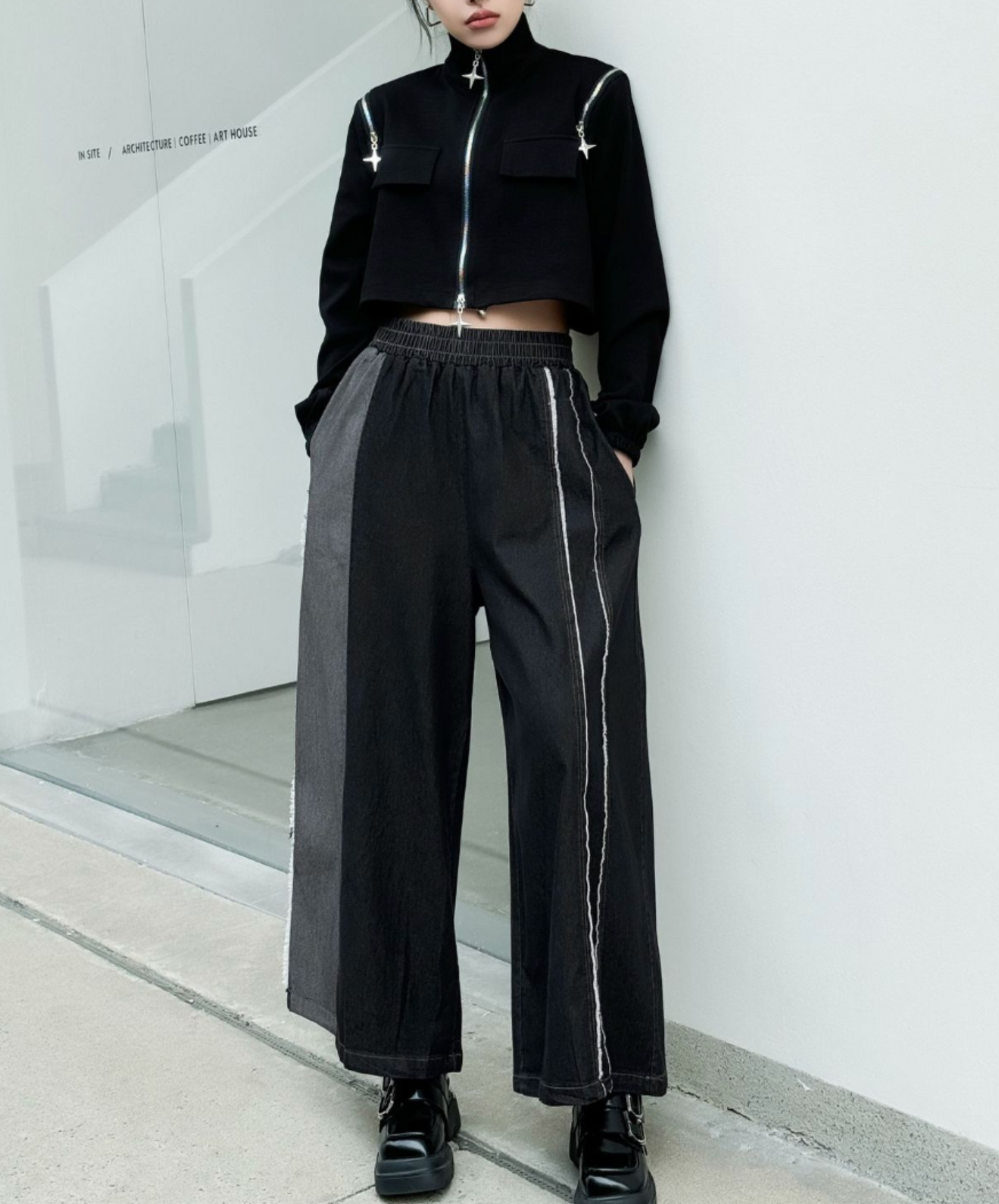 double white & fringe line wide pants EN2305