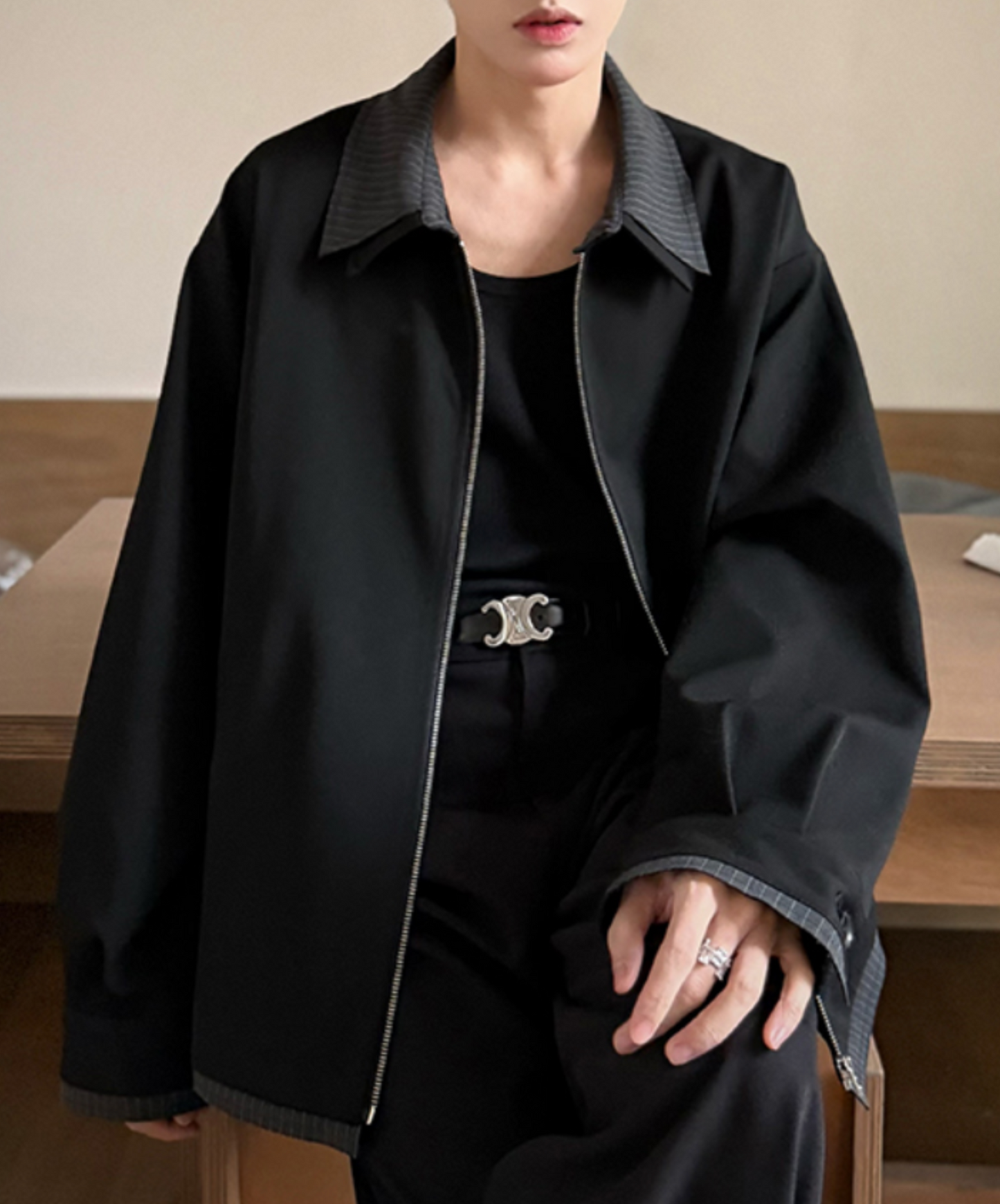 stitched contrast double collar jacket EN2015