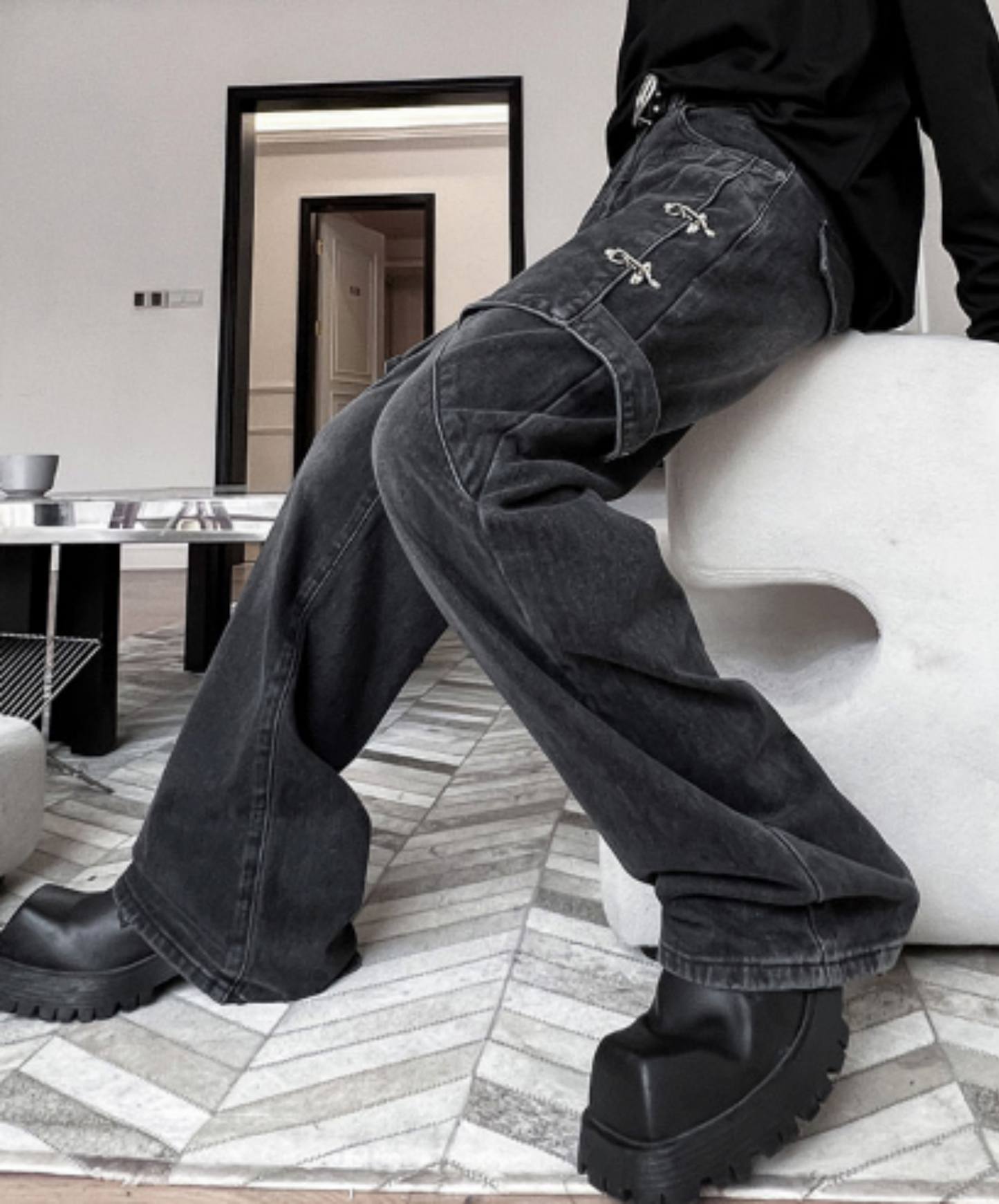 american retro distressed wash denim pants EN2118