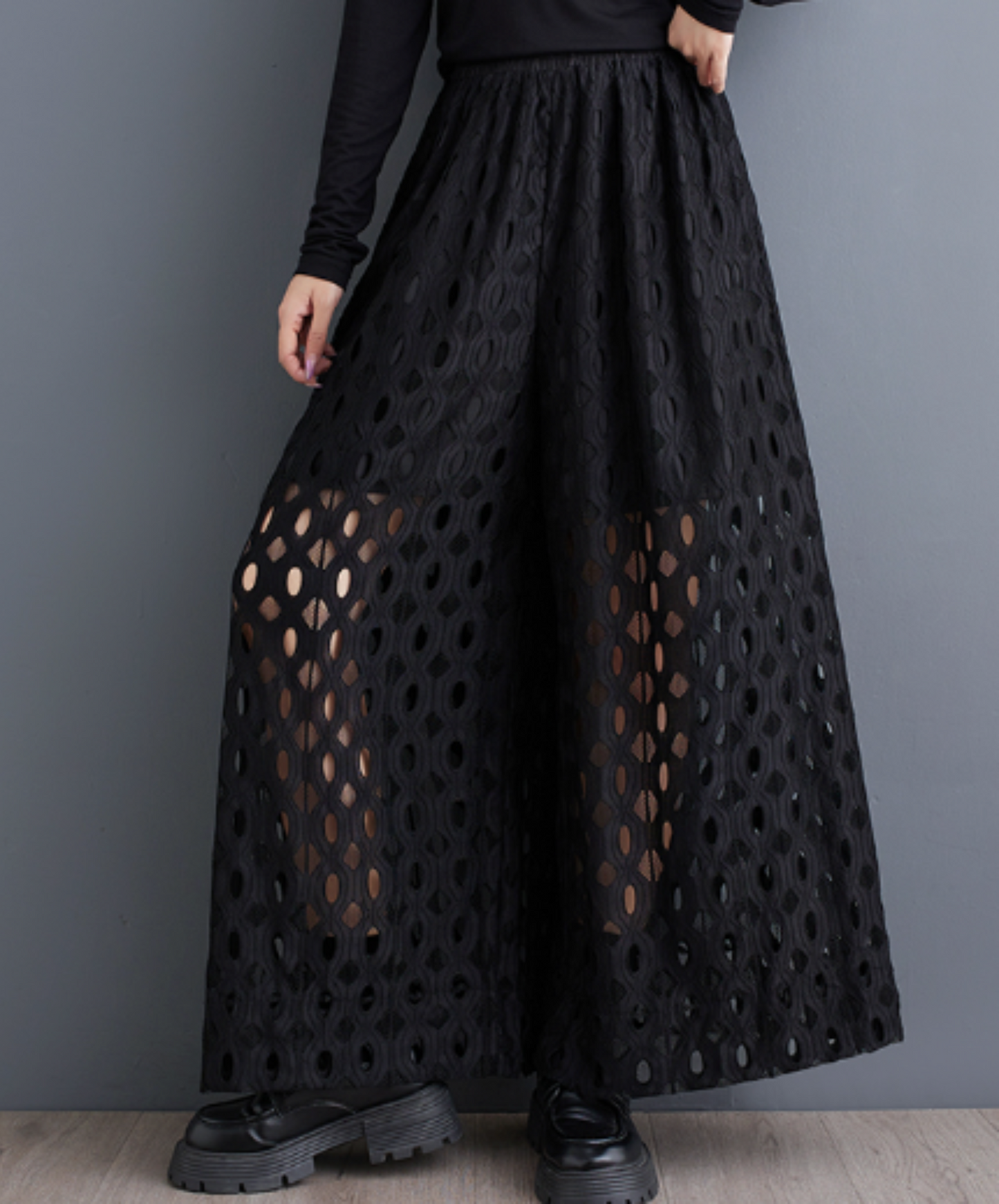 dark solid lace wide leg hakama pants EN2180