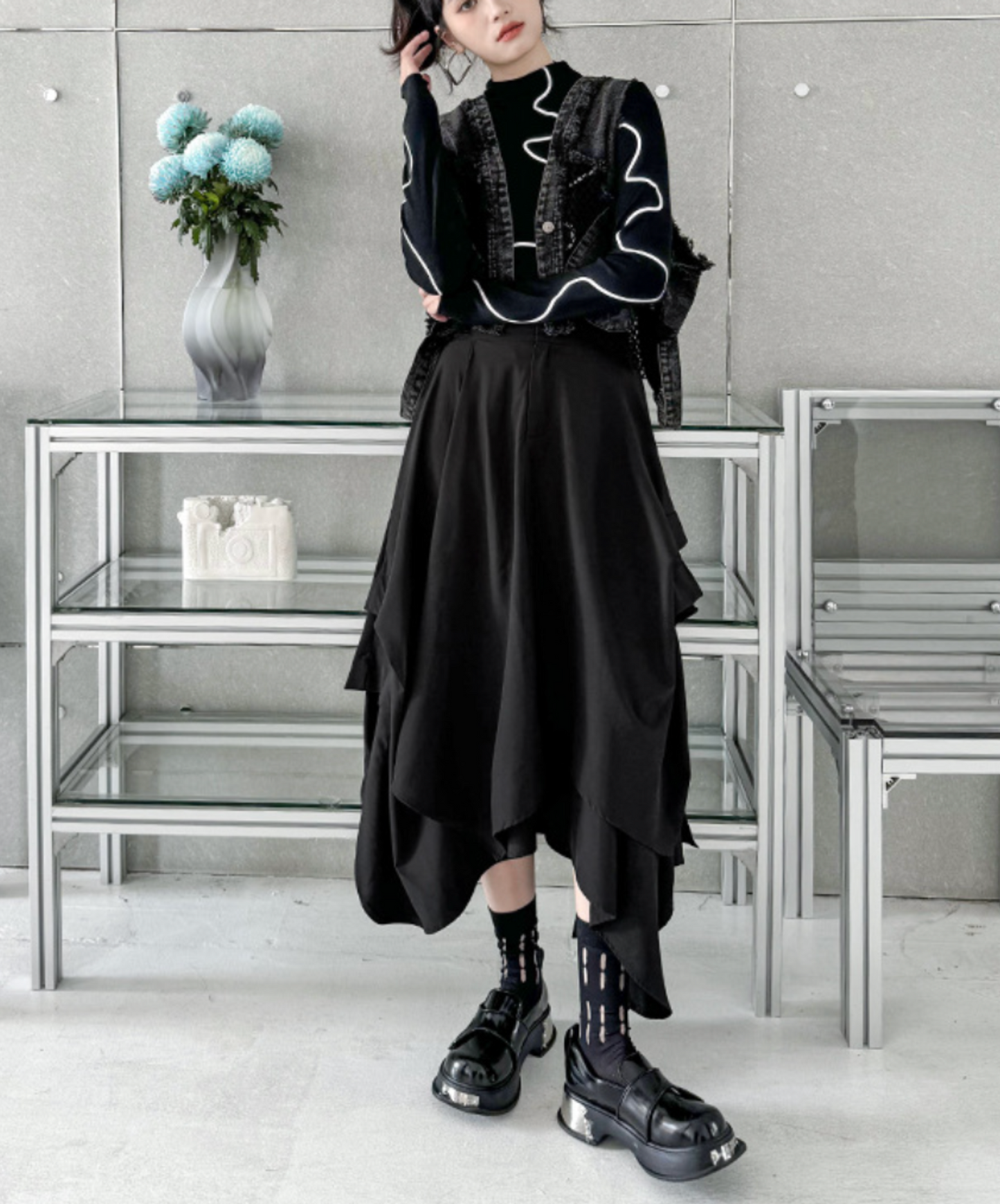 dark asymmetric drape buttons skirt EN2330