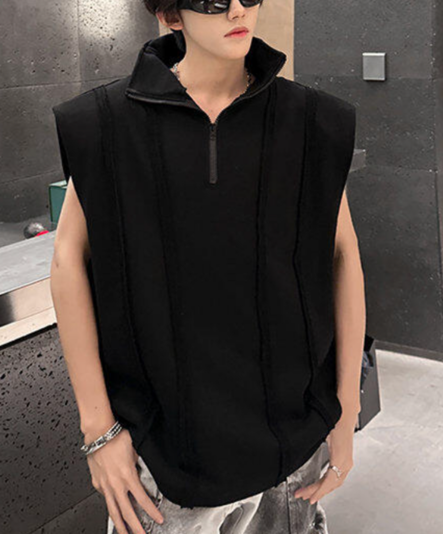 retro stripe half zip stand collar sleeveless shirt EN2193