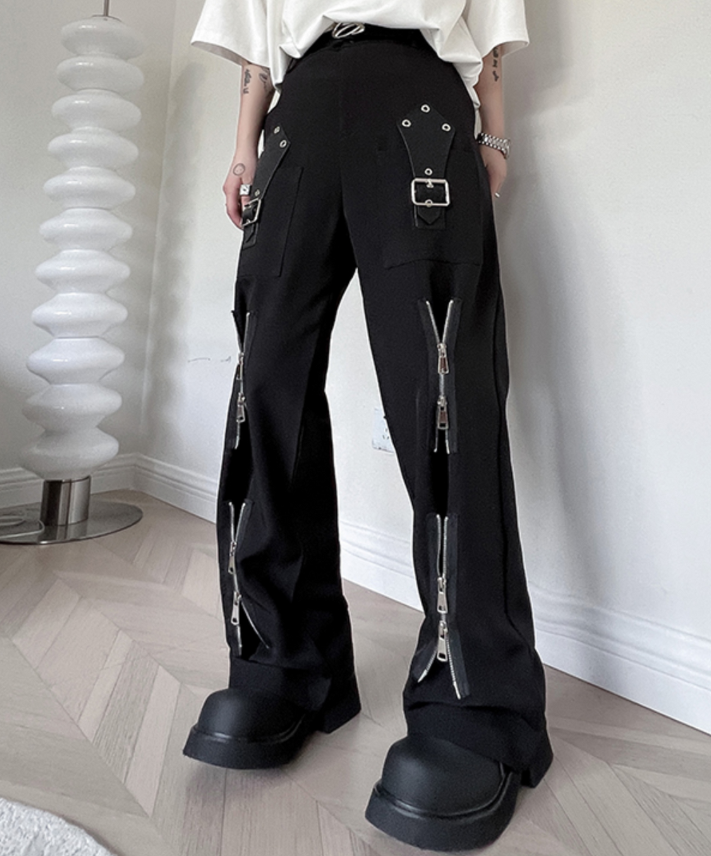 dark deformed zip-up leather buckle flare pants EN1817