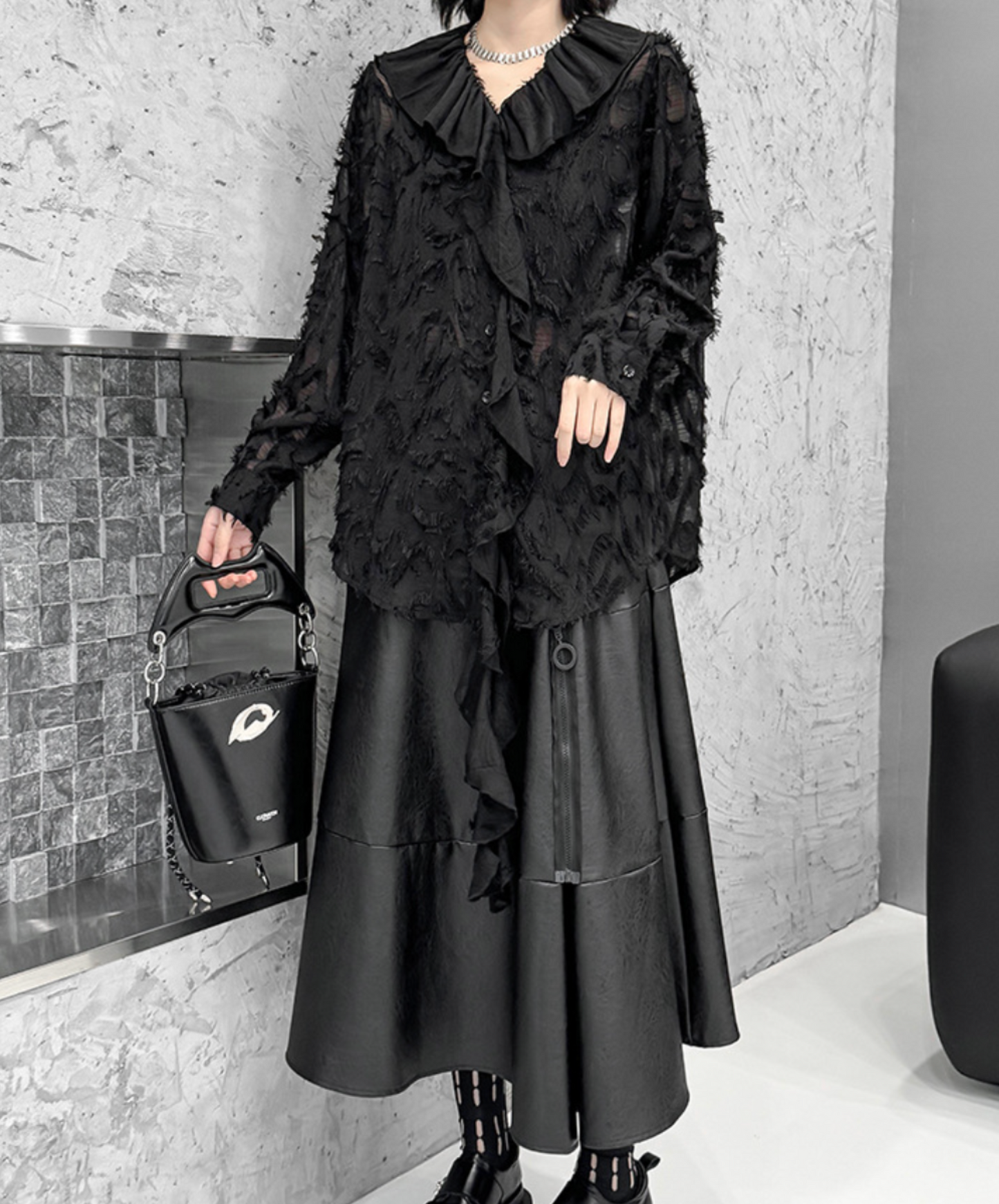 dark fringe lace & frills sheer shirt EN2318