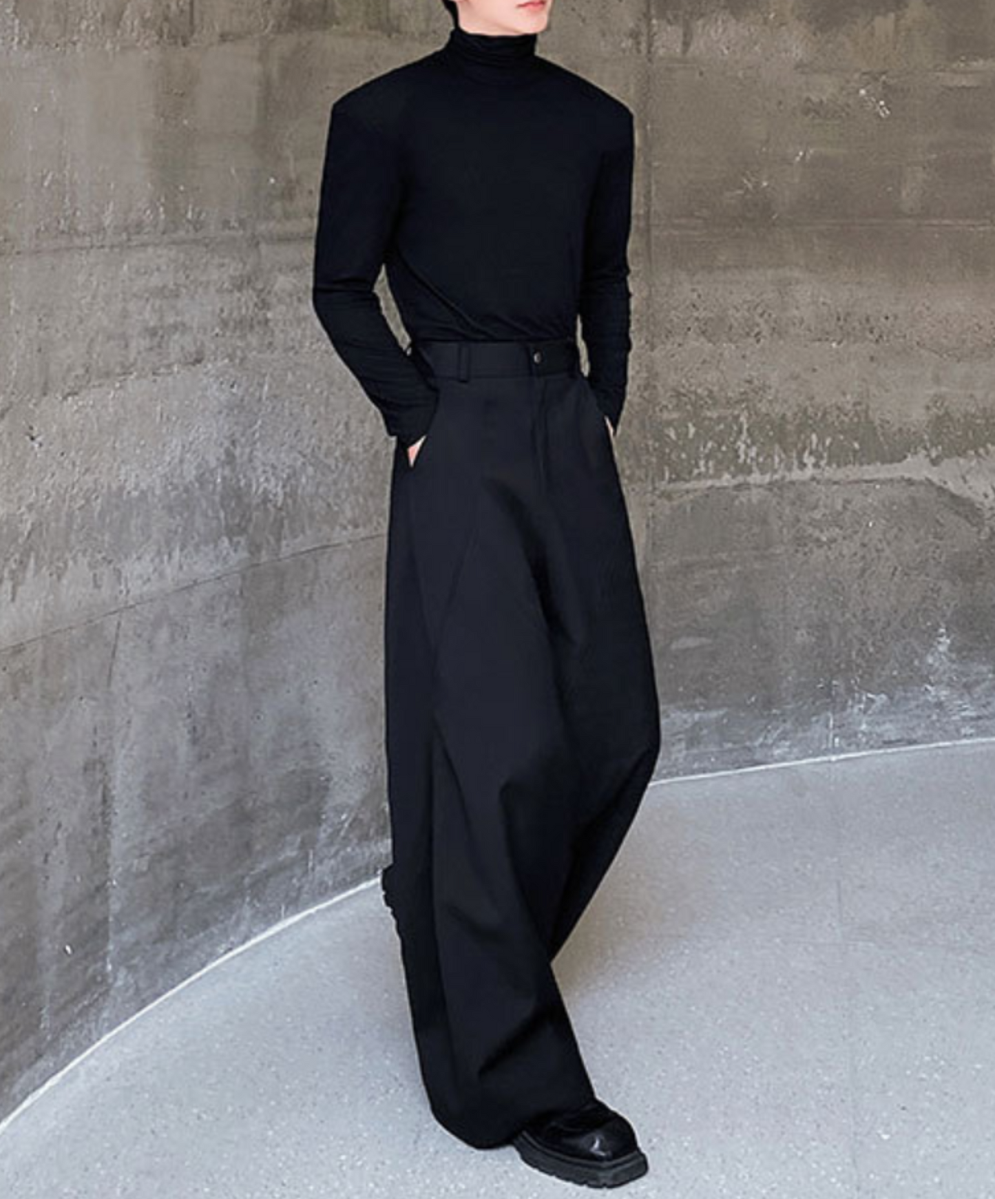 pleated stitch design straight wide pants EN1402