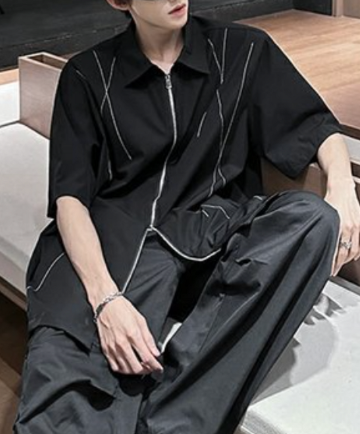 dark white line double zipper shirt EN2078