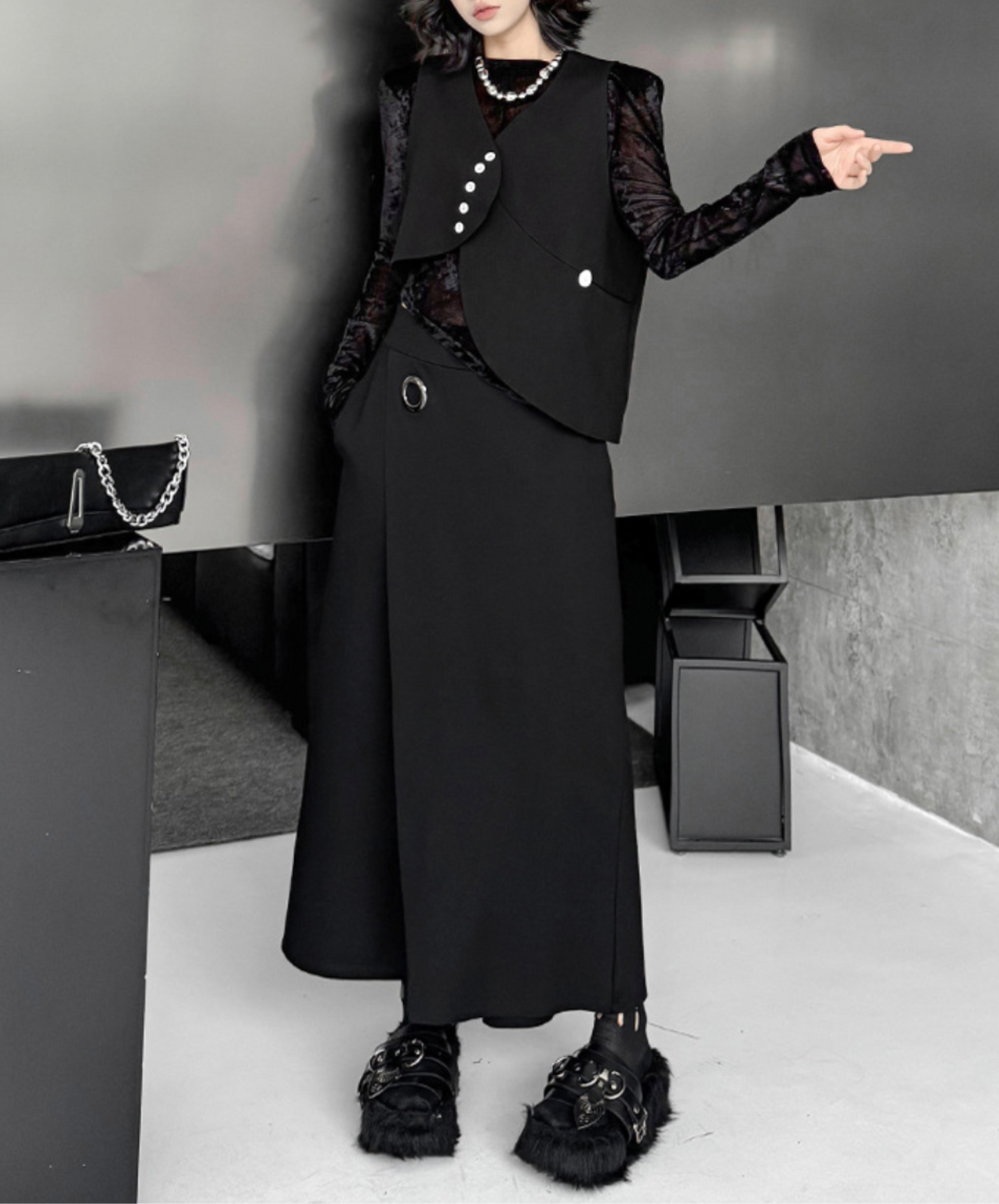 silver metal ring included wide pants EN2332