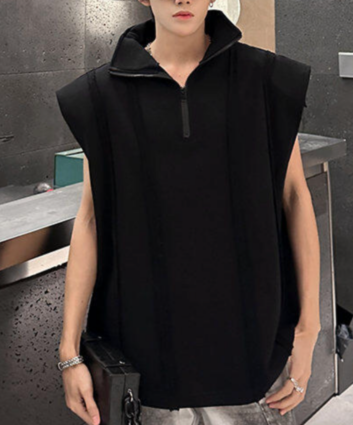 retro stripe half zip stand collar sleeveless shirt EN2193