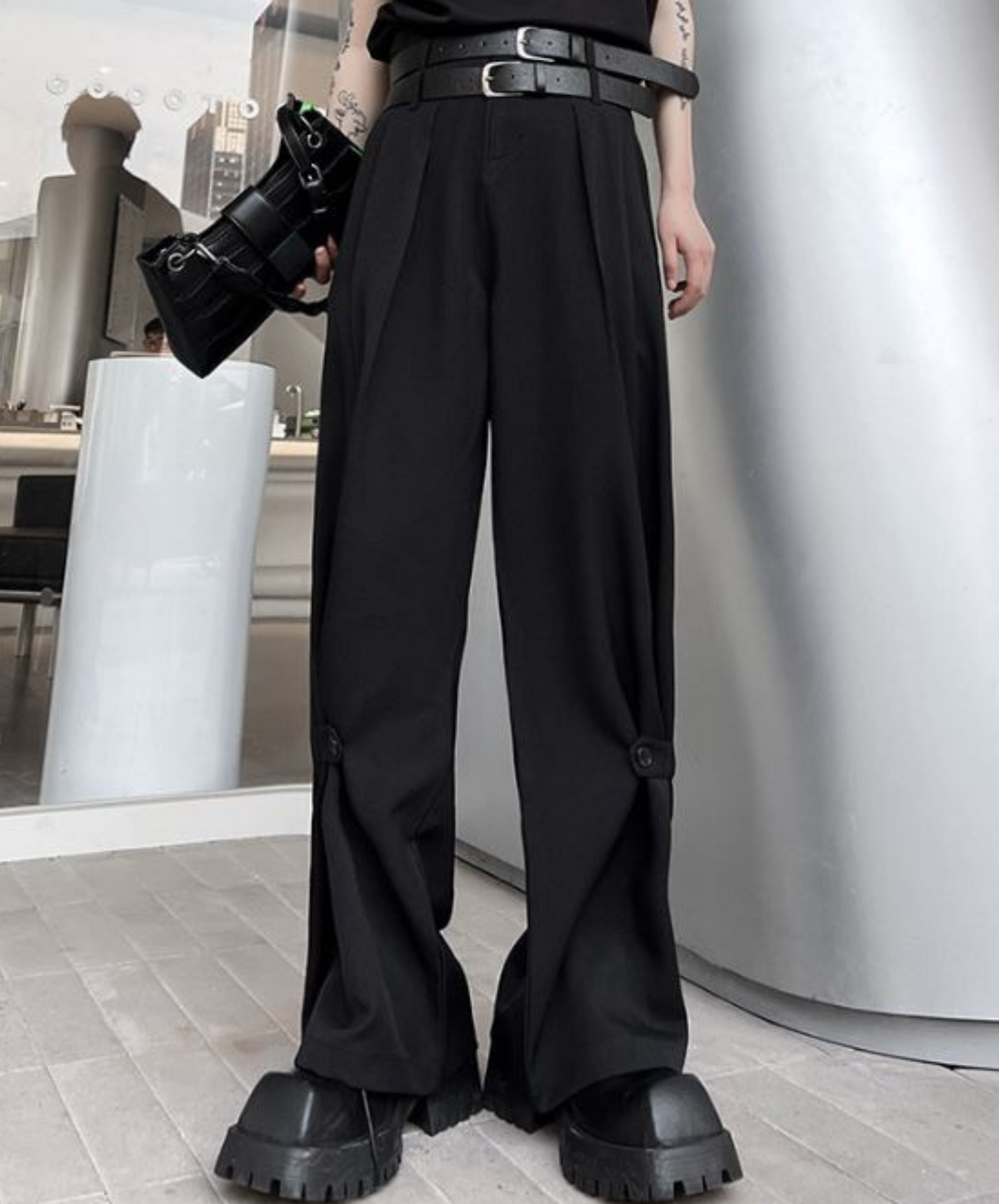 dark twin belt slacks pants EN977