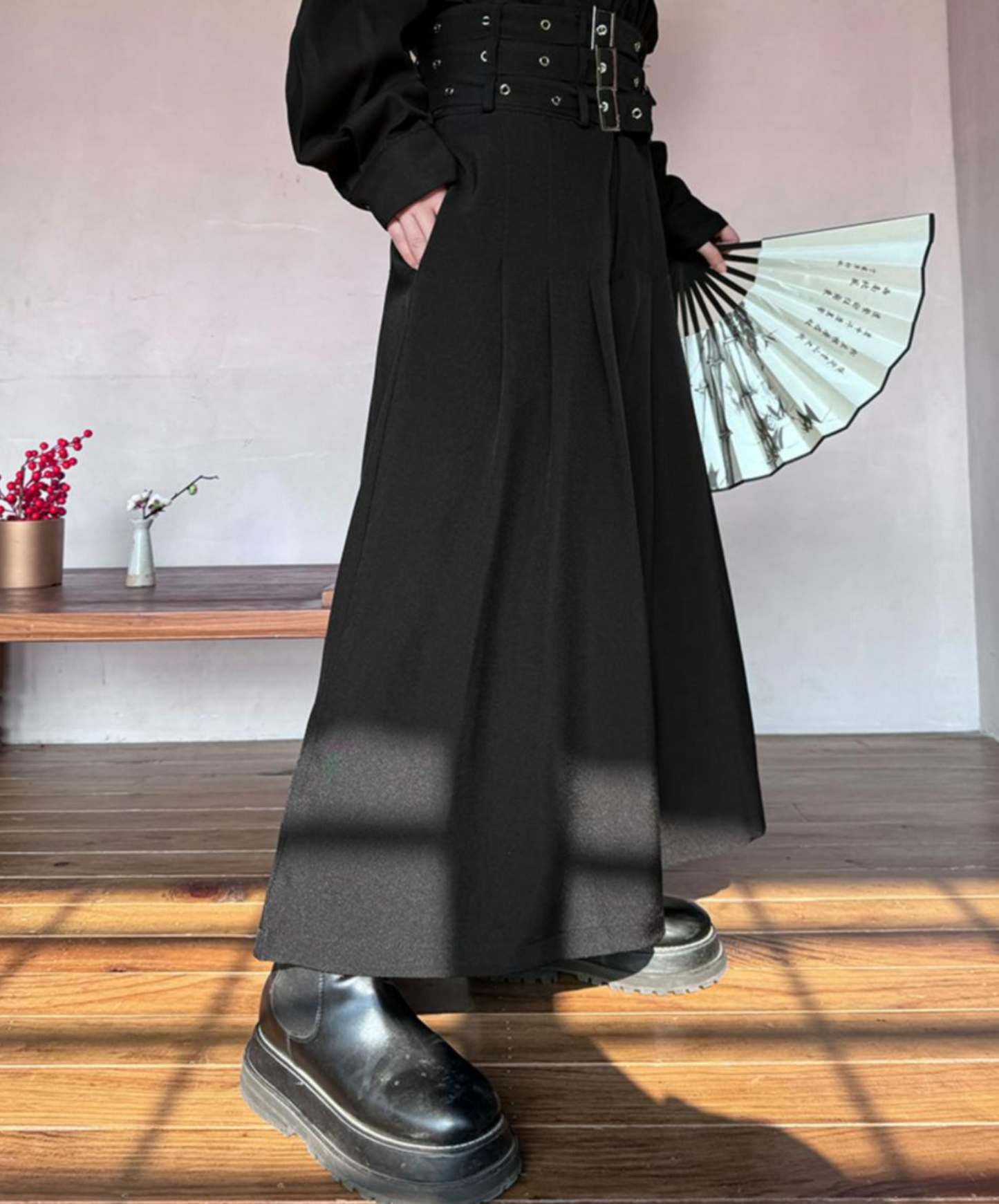 wide leg with three-stage belt long pants EN1526
