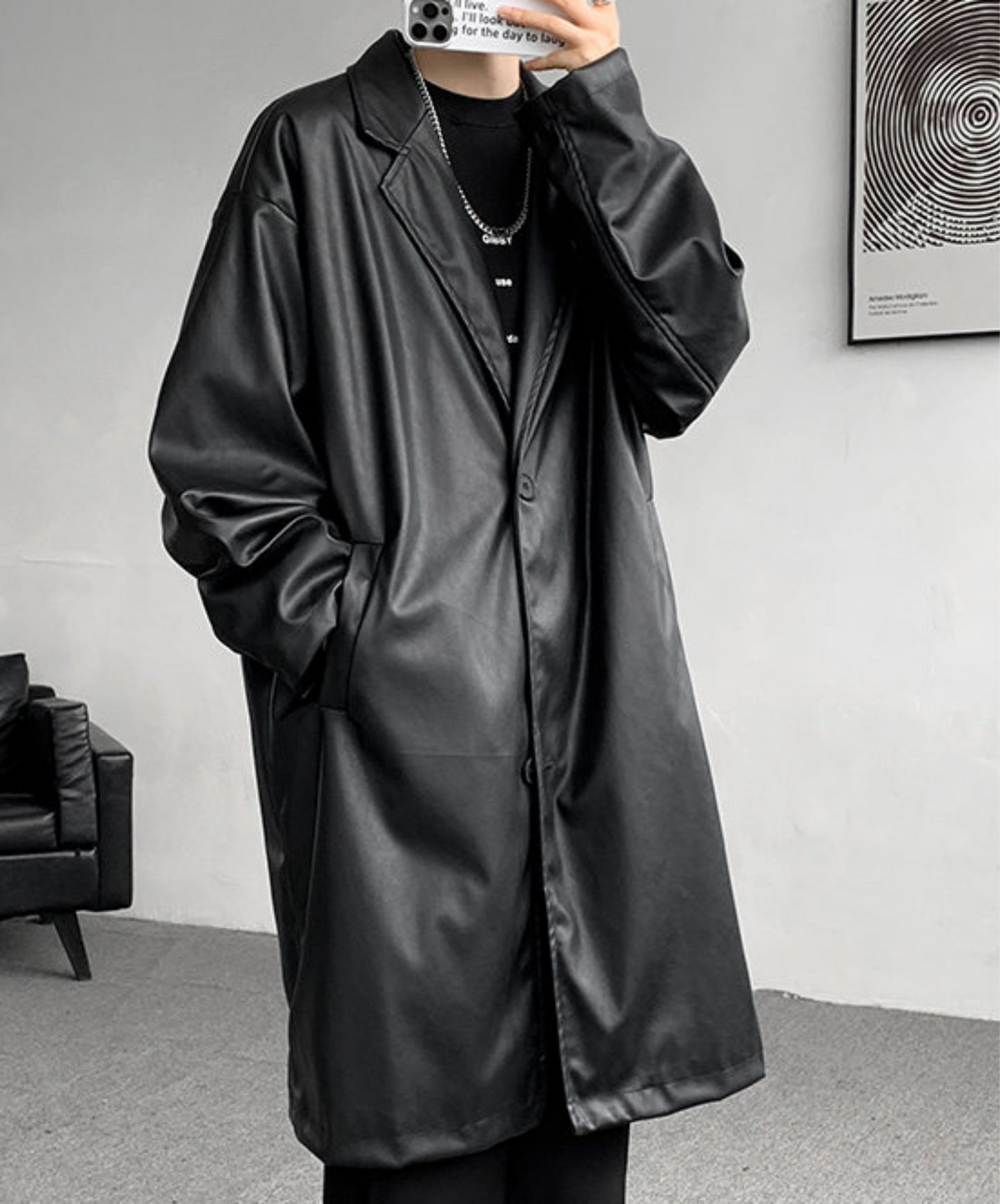 dark retro long pu leather coat EN2510