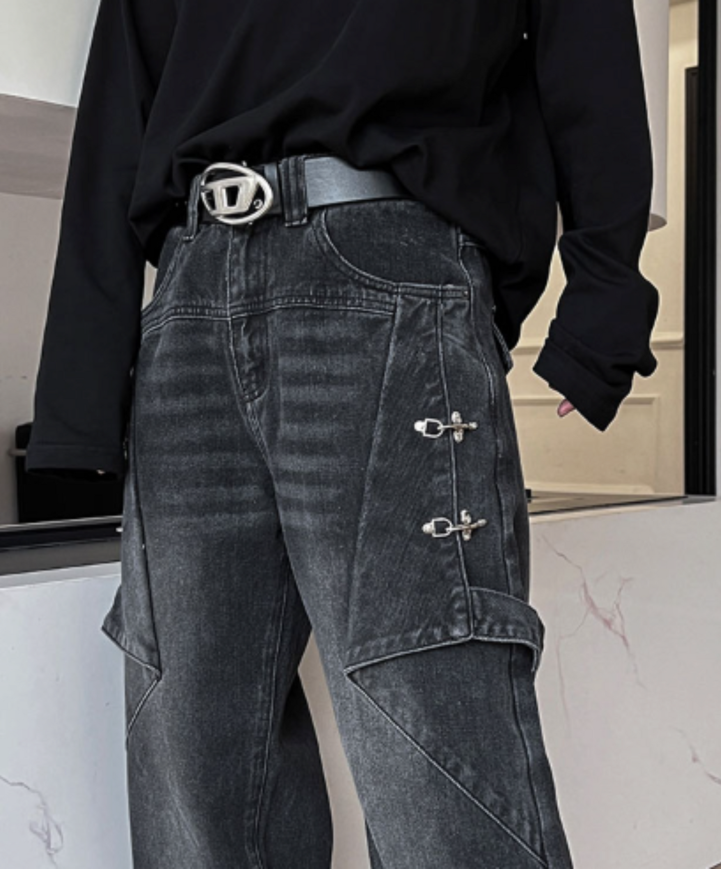 american retro distressed wash denim pants EN2118