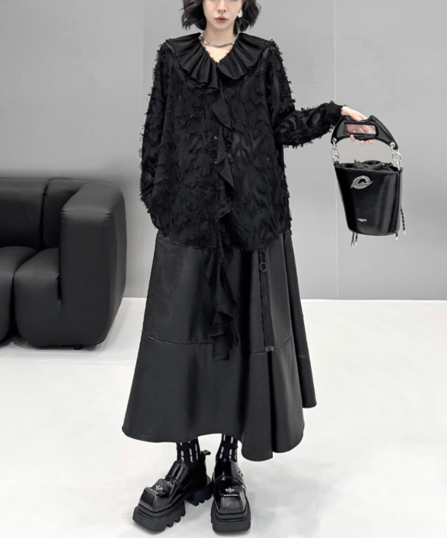 dark fringe lace & frills sheer shirt EN2318
