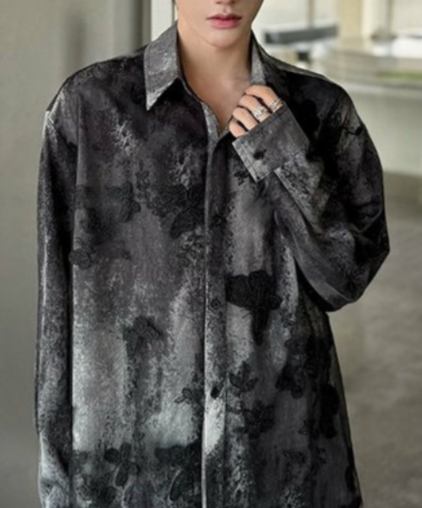 dark lace with 3d butterfly embroidery shirt EN2325