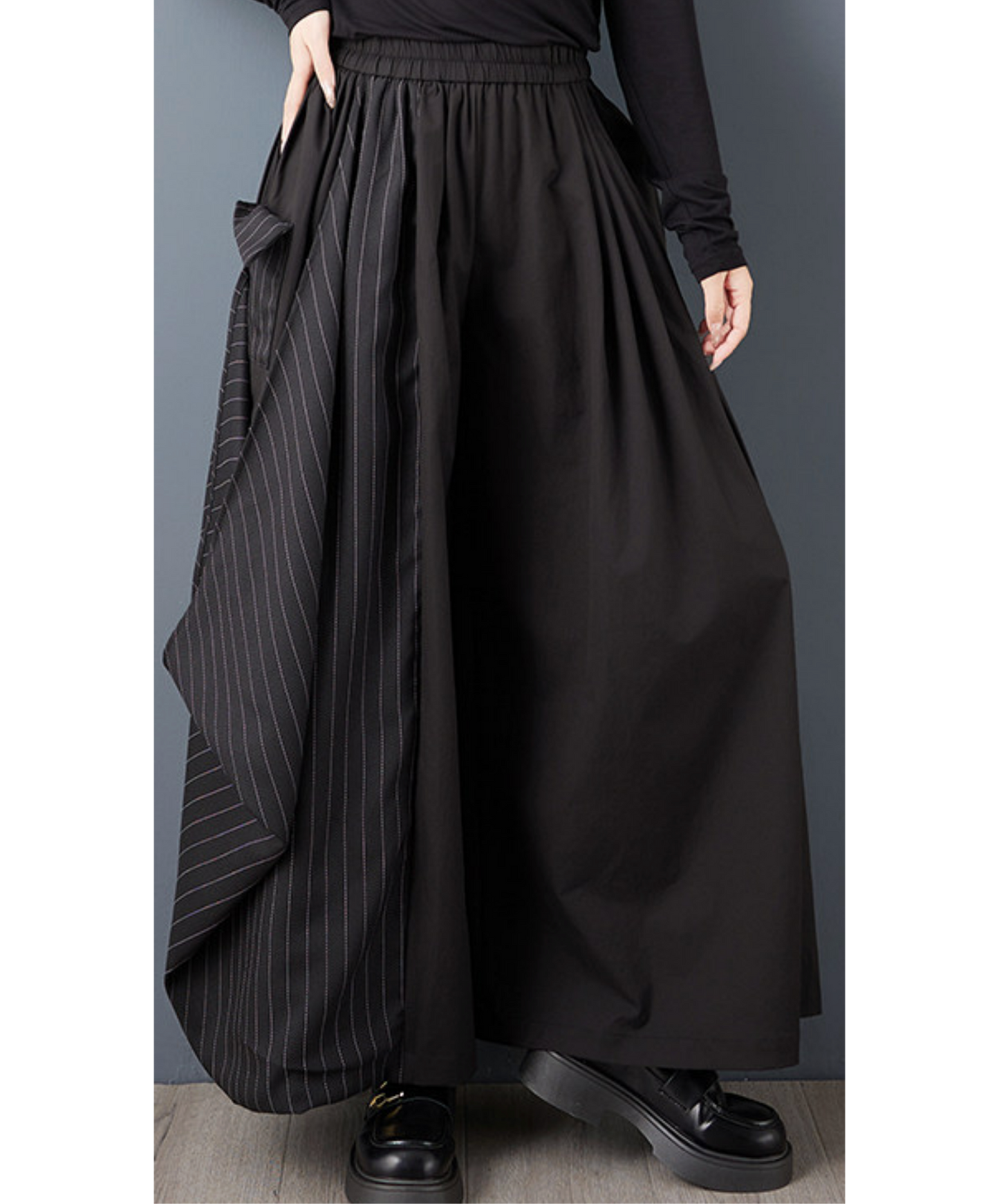 dark fine striped drape wide pants EN2779