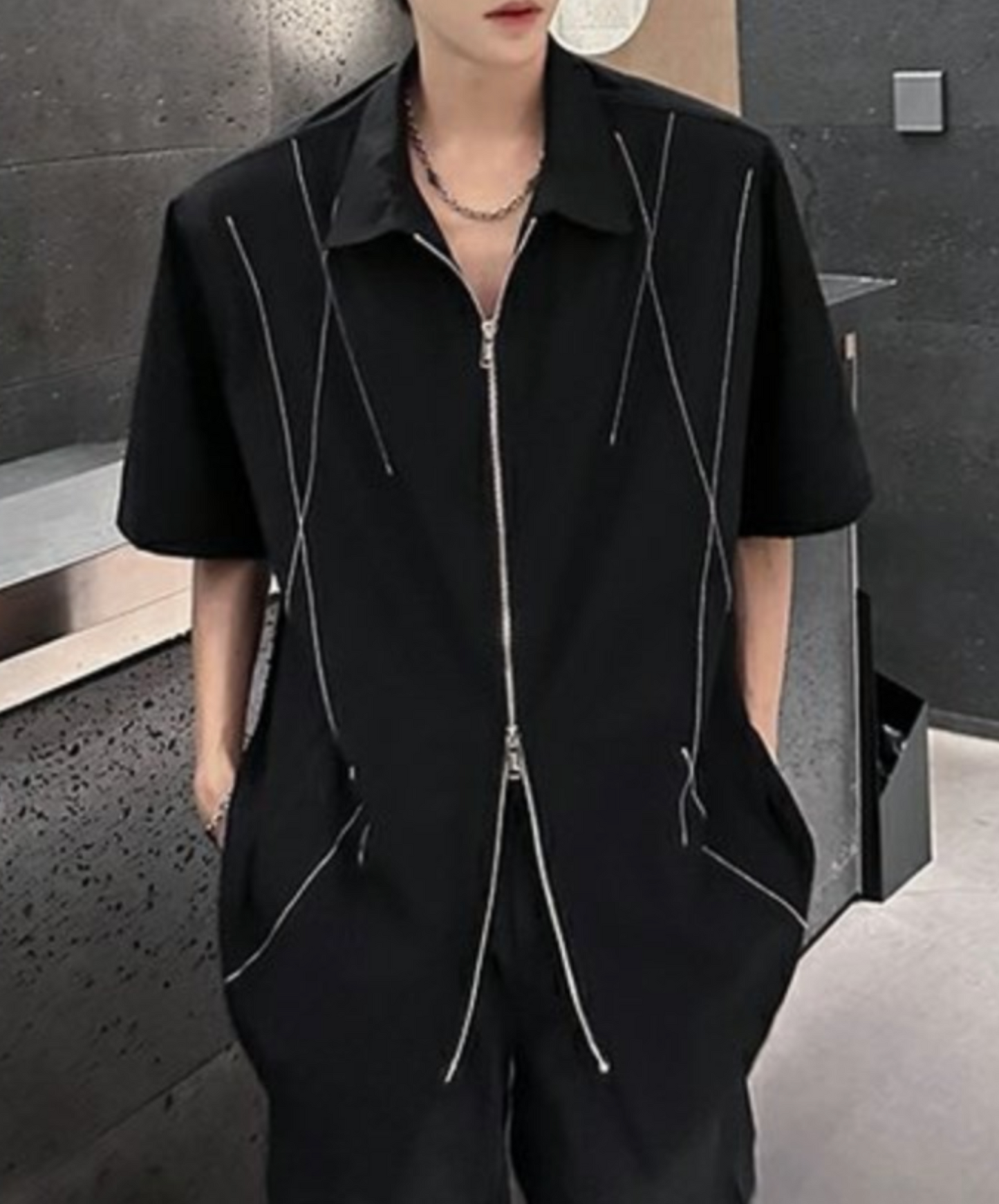 dark white line double zipper shirt EN2078