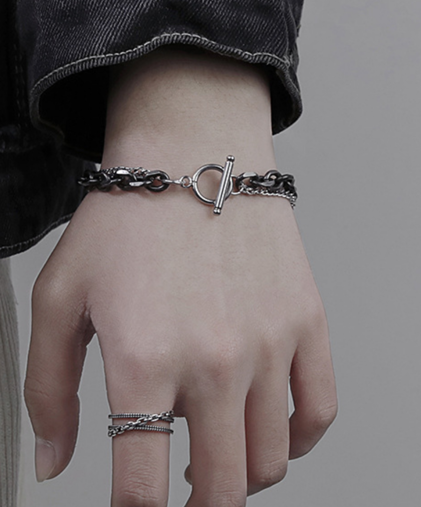 black & silver 2 types chain bracelet EN1595