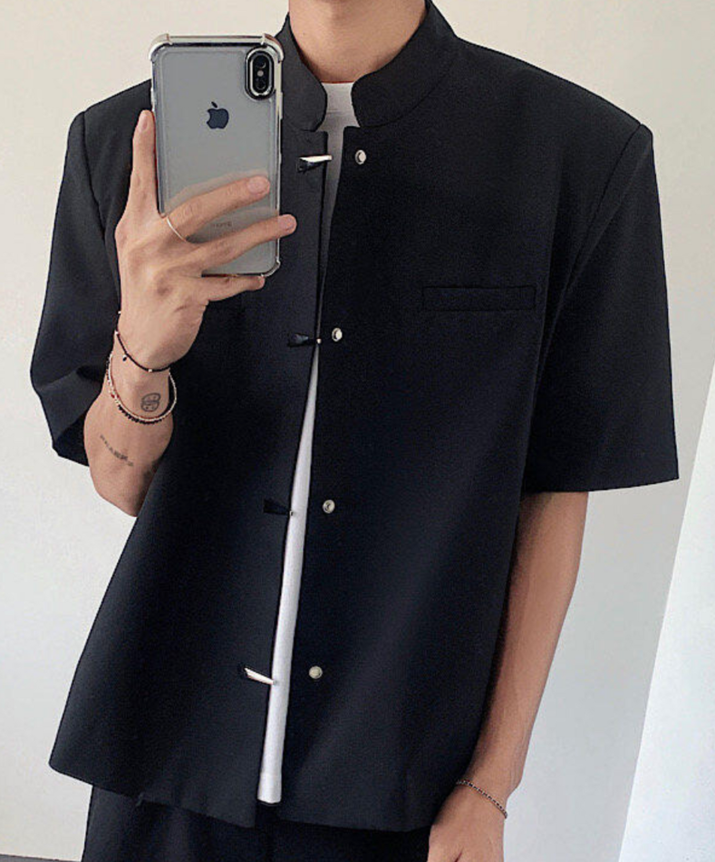 metal button chinese style stand collar shirt EN2100