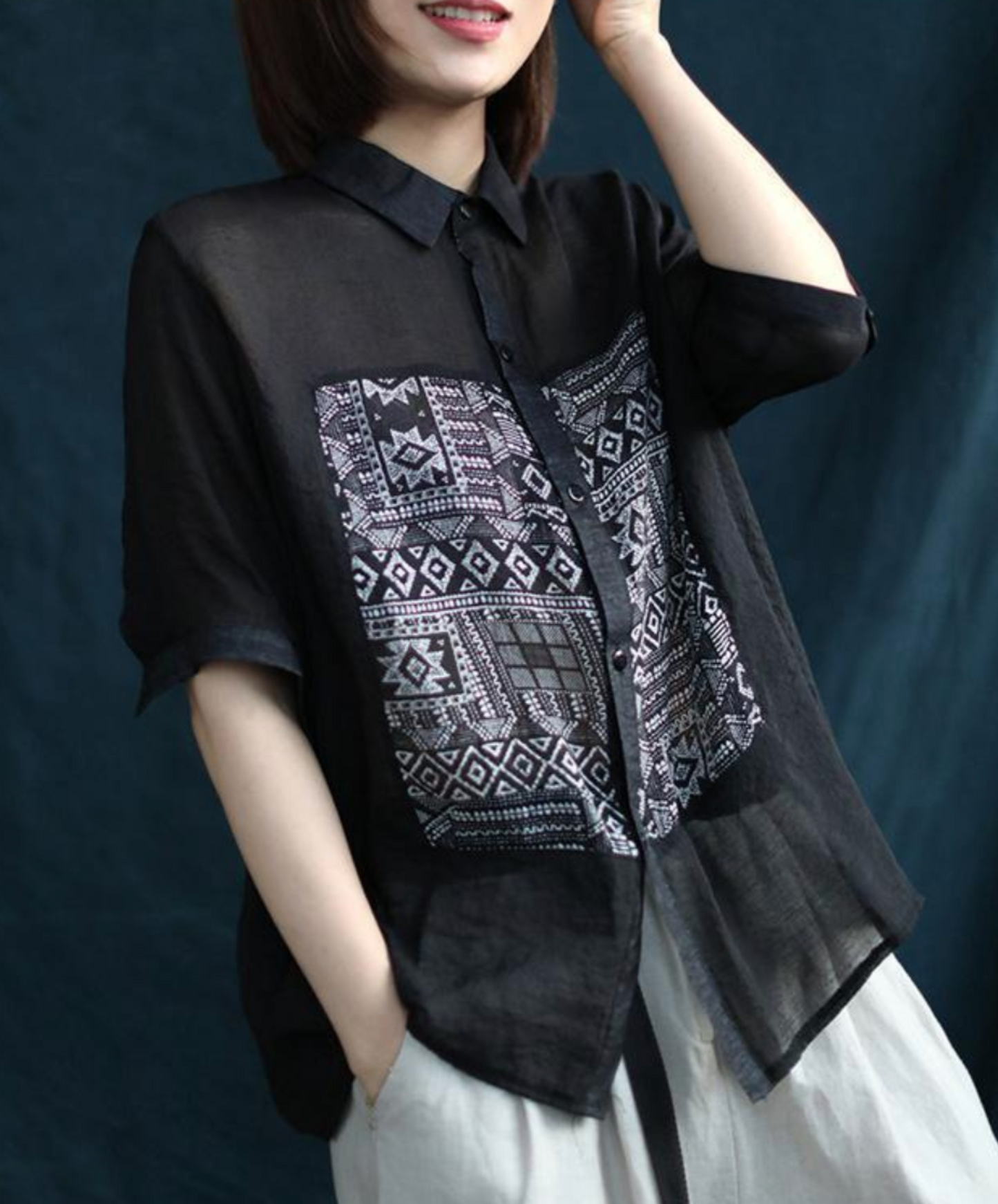 paisley print tencel ramie short sleeves shirt EN2268