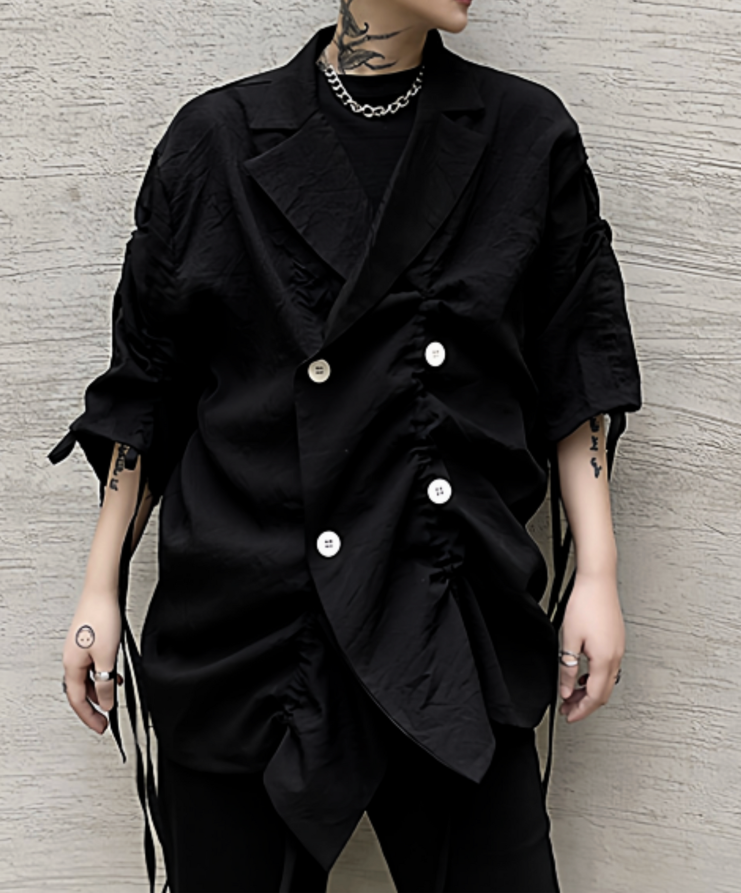 dark asymmetrical drawing process jacket EN2748