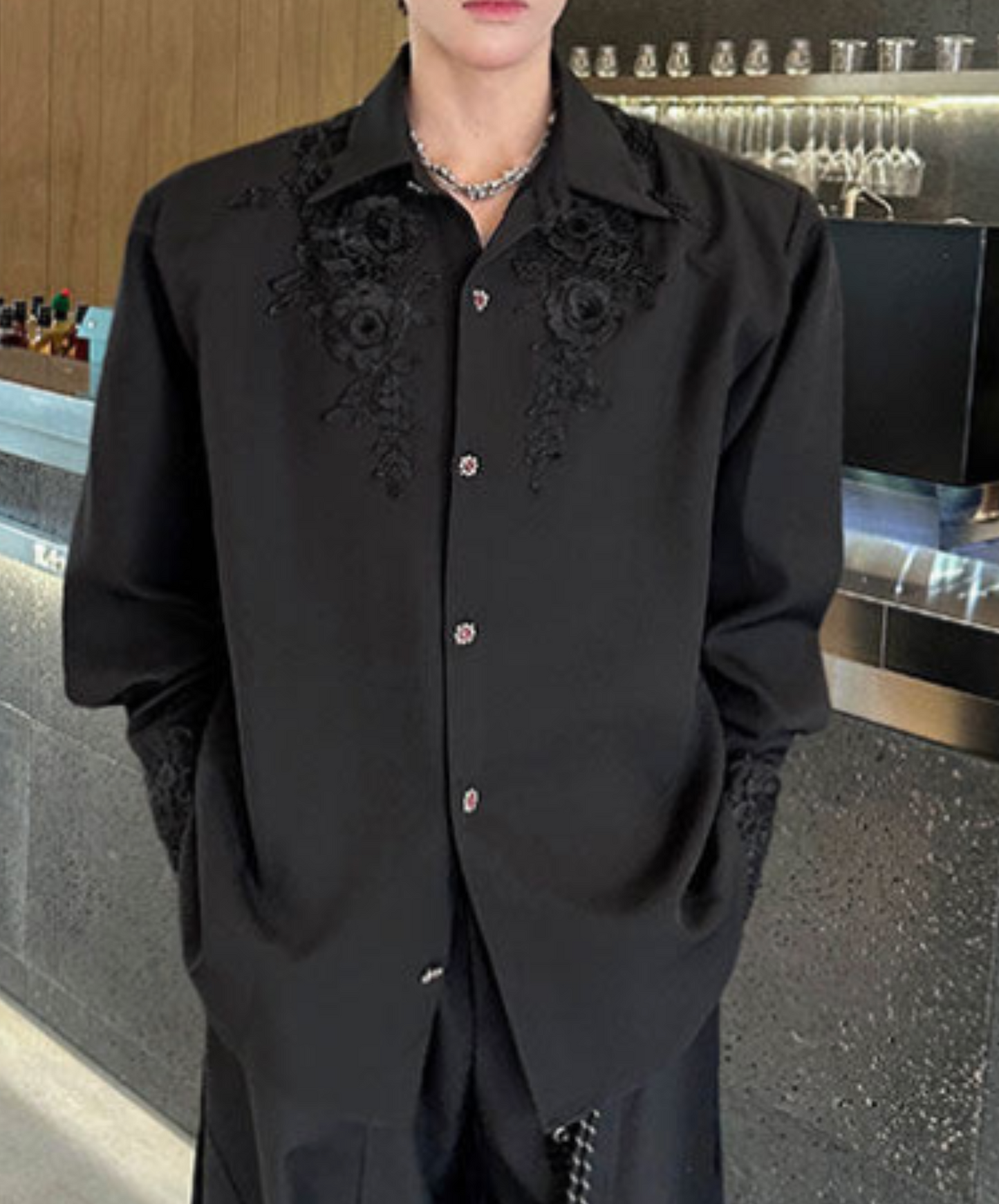 dark gorgeous 3d rose embroidery shirt EN2366