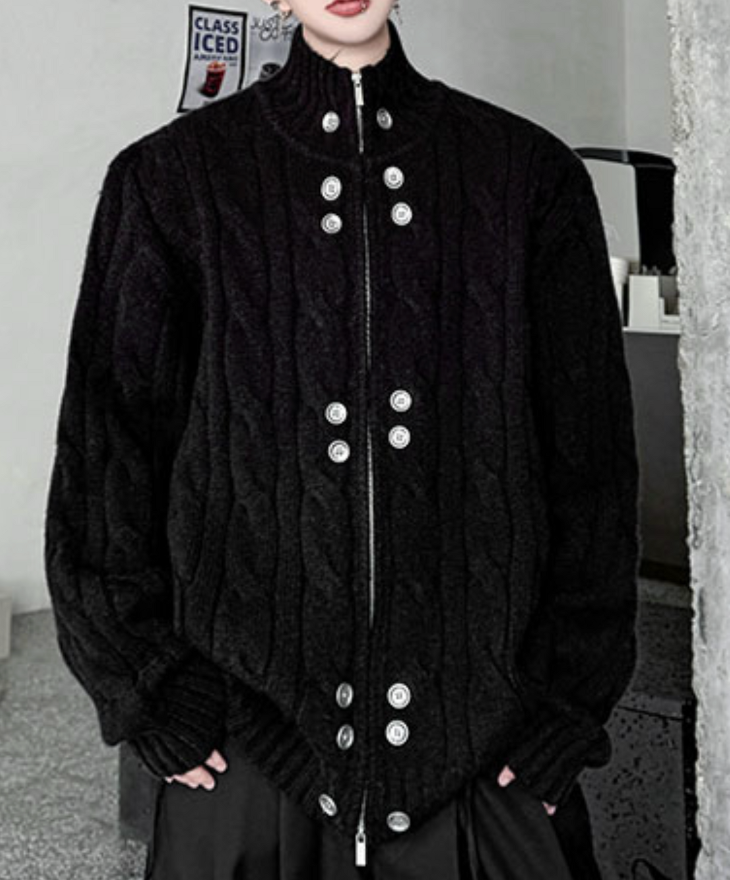 button design stand collar loose sweater EN2475