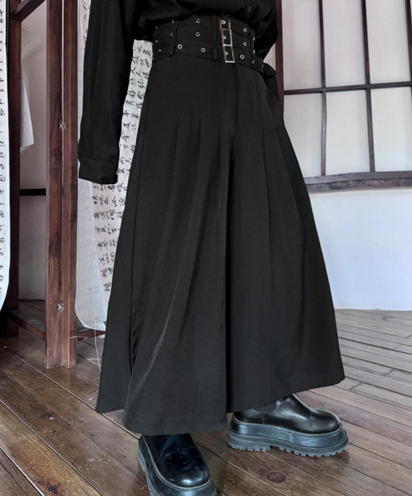 wide leg with three-stage belt long pants EN1526