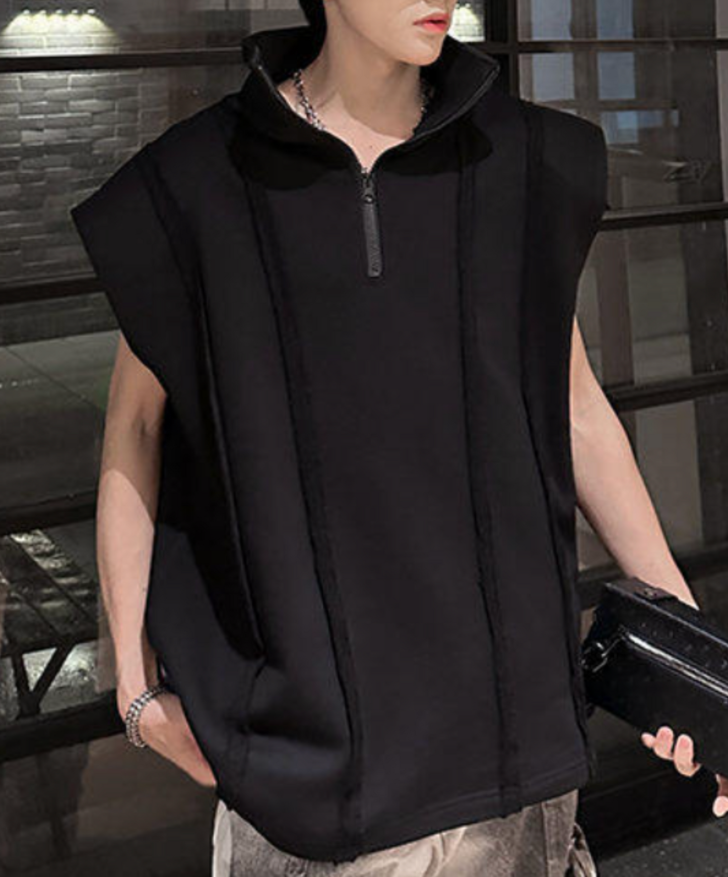 retro stripe half zip stand collar sleeveless shirt EN2193