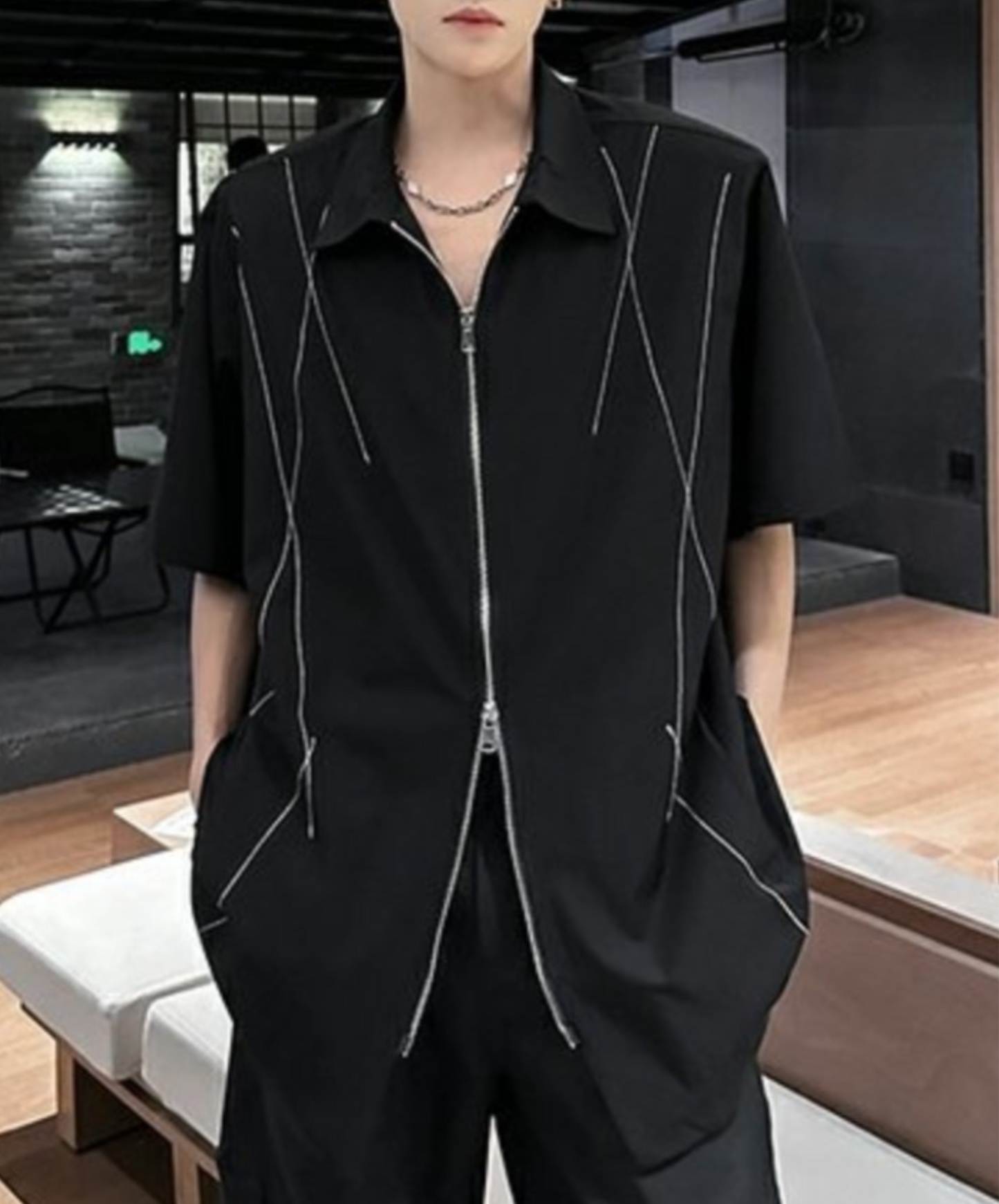 dark white line double zipper shirt EN2078