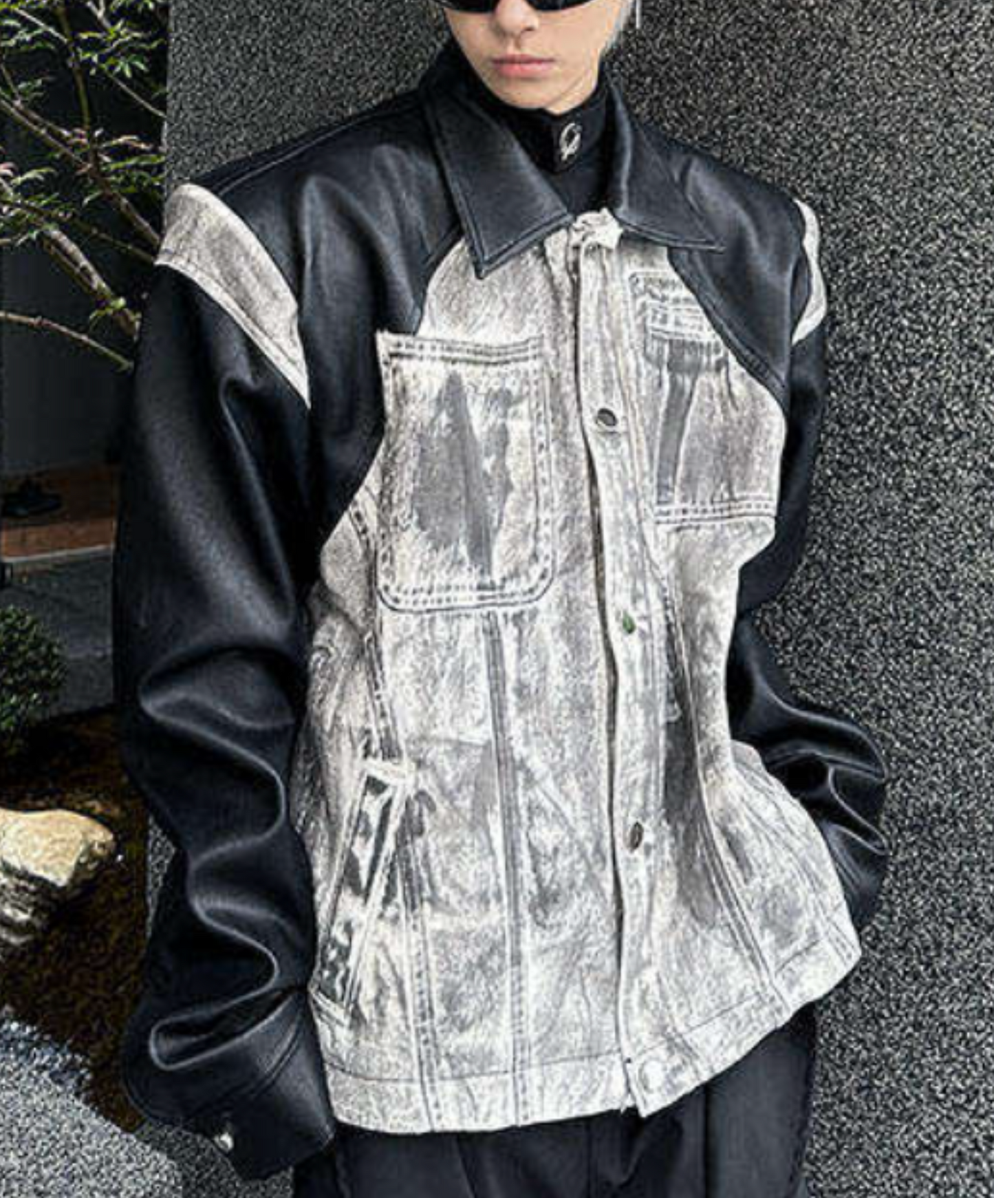 denim print x pu leather patchwork jacket EN2657