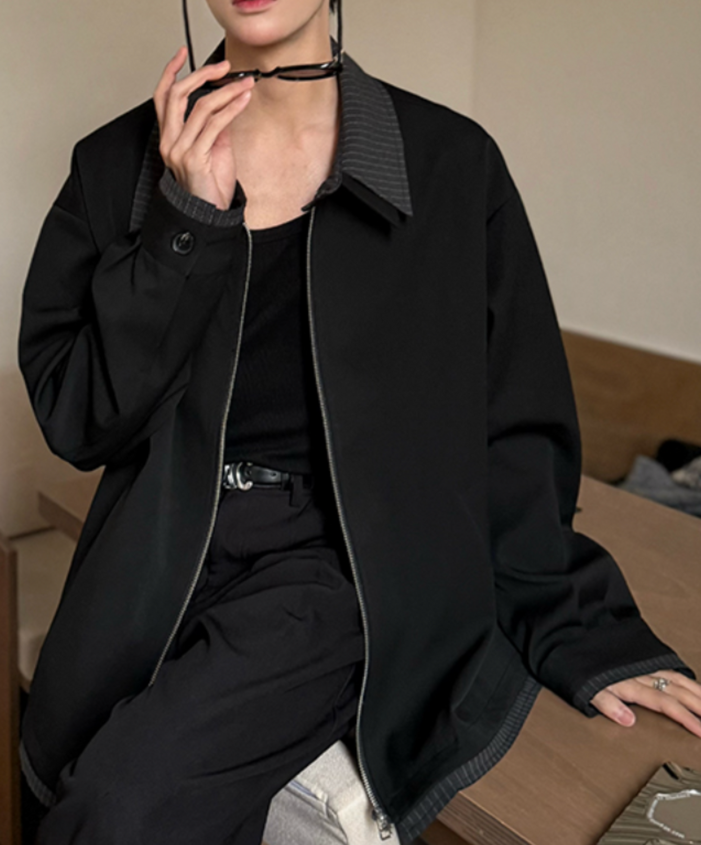 stitched contrast double collar jacket EN2015