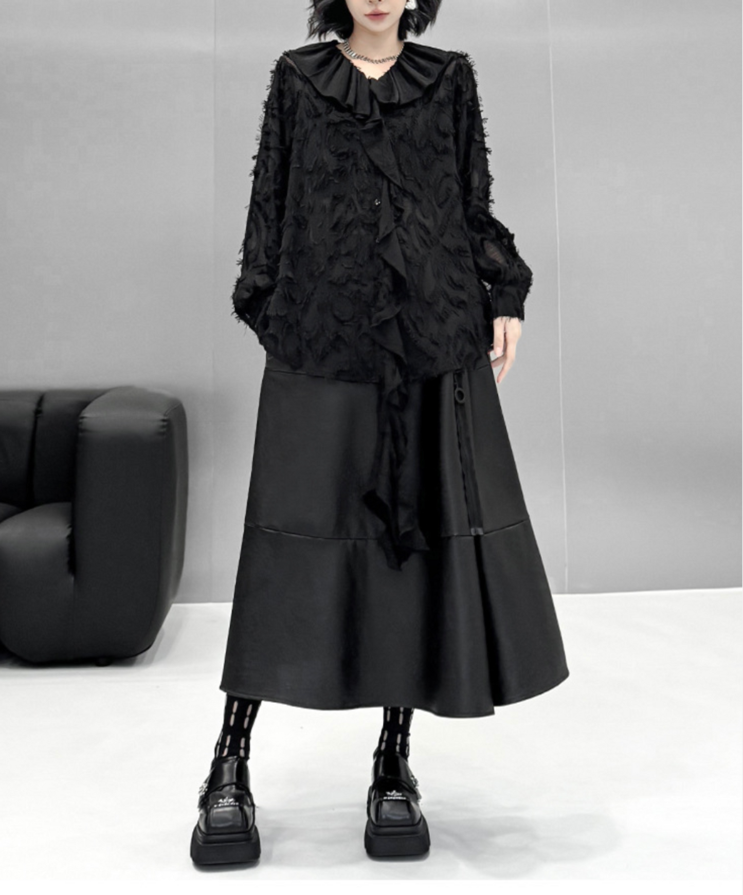 dark fringe lace & frills sheer shirt EN2318