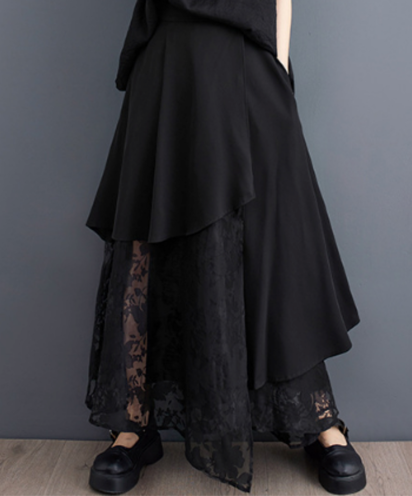 mixed material lacy a-line long skirt EN1957