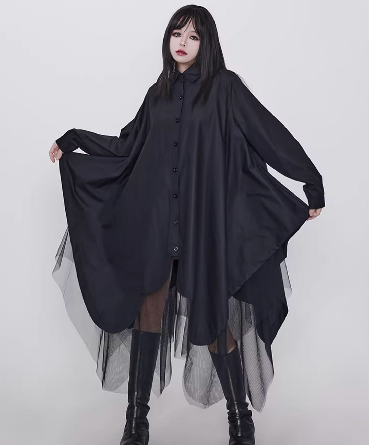 dark faux leather irregular patchwork long shirt EN2831